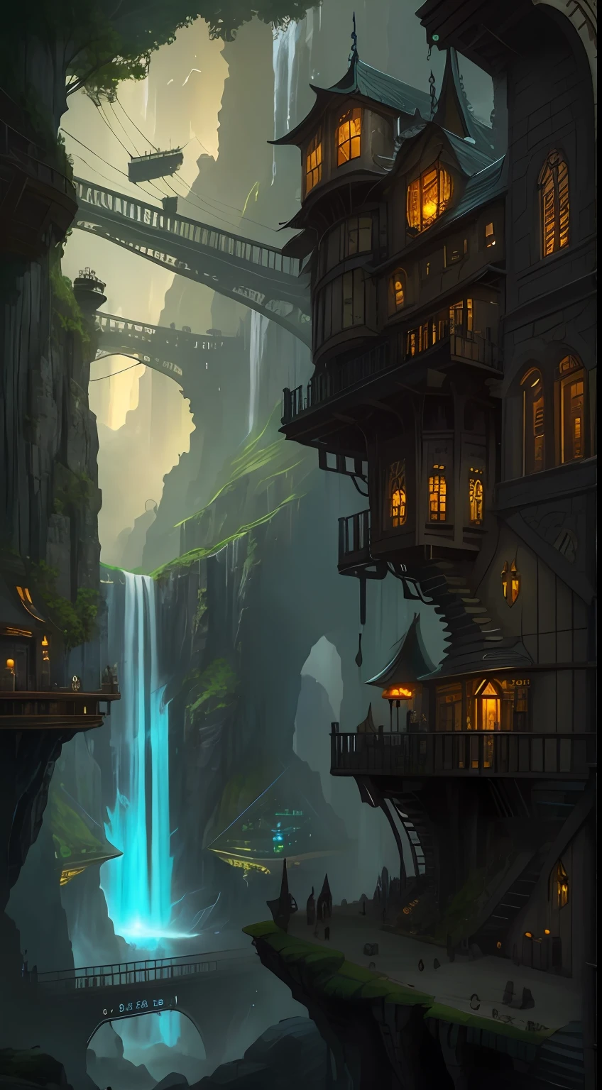 A painting of a fantasy city with a waterfall and a boat, Fantasy and concept art, [ trending on CGSociety ]!!, dark fantasy city, intricate environment, author：Alexander Jean, highly detailed fantasy art, ancient steampunk city, the best on cgsociety, andreas rocha style, A steampunk city, author：Alexander Kobzd, Dawn CGSOCIETY