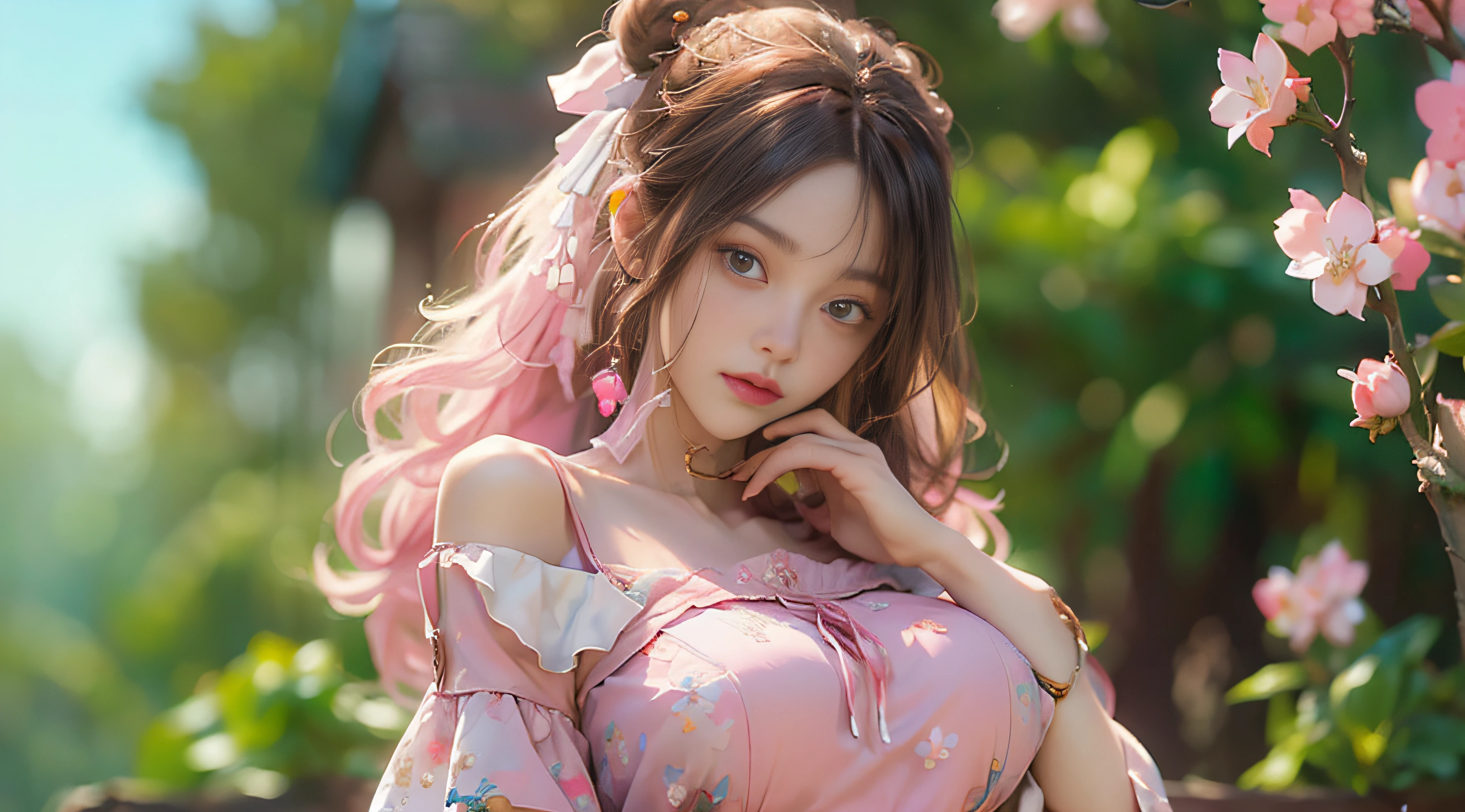 ((best qualtiy)), ((tmasterpiece)), (Detail:1.4), 3D, Beautiful cyberpunk female images,hdr(HighDynamicRange),Ray traching,NVIDIA RTX,Hyper-Resolution,illusory 5,sub surface scattering,PBR textures,post-proces,Anisotropy Filtering,depth of fields,maximum definition and sharpness,Many-Layer Textures,Albedo e mapas Speculares,Surface Coloring,Mitsu-Accurate simulation of material interactions,perfectly proportioned,rendering by octane,Two-colored light,largeaperture,Low ISO,White balance,Rule three points、8K raw data、beautiful bright pupils,off-the-shoulder clothes,Fine pupils,Delicate face and eyes,long eyelasher,Blushlush,Delicate and fluffy hair,pink lip,Pure,cute big breasts,Sweet girl,Artistic sense,Casual wear,Advancedsense,butterflys,Cherry blossom petal,Beautiful hair accessories,Long hair and waist,Hair fluttering in the wind