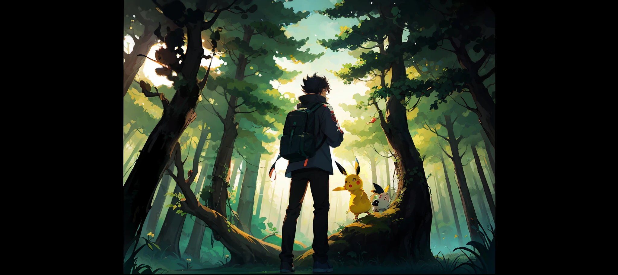 Anime, A man standing in the forest with a backpack on his back, anime lush john 8k woods, Official artwork, offcial art, Epic anime style, anime wallaper, cyril rolando and goro fujita, pikachu in a forest, anime nature wallpap, pokemon art style, illustration pokemon, anime styled digital art, pikachu in a forest, Anime style artwork