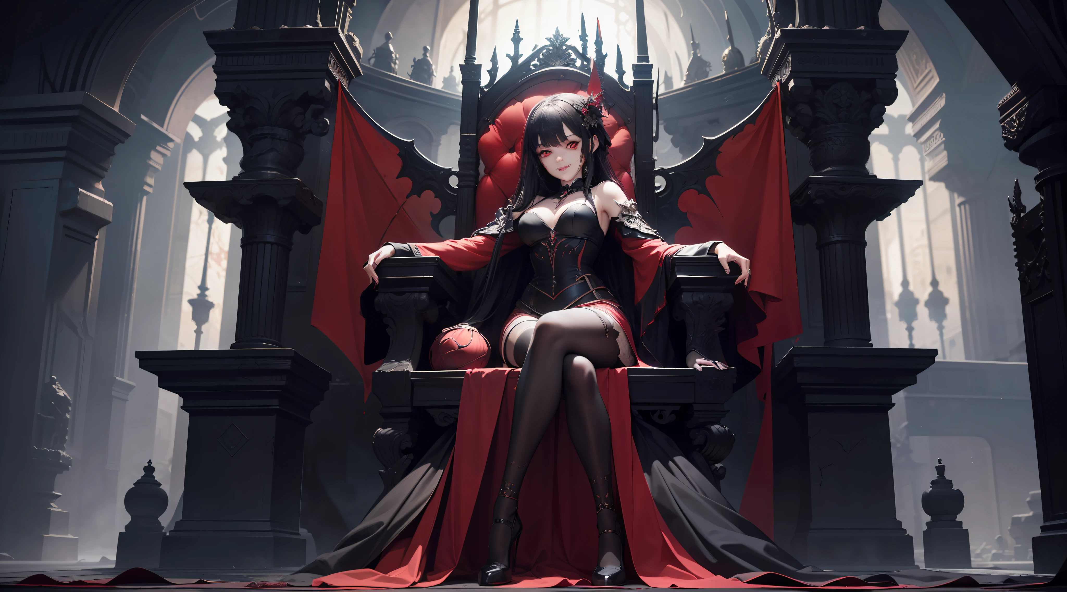 8K raw photo, Best quality, masterpiece, ultra high res,colorful,(photorealistic:1.4),raw photo, neonlight\(ttp\),1girl,solo,(perfect body shape) evil and beautiful, playful, smile, red eyes, (blood), dynamic angle, lying on throne, mystical, fanatic, intricate, surreal, delicate, wearing armored gothic dress,cinematic lighting,perfect face