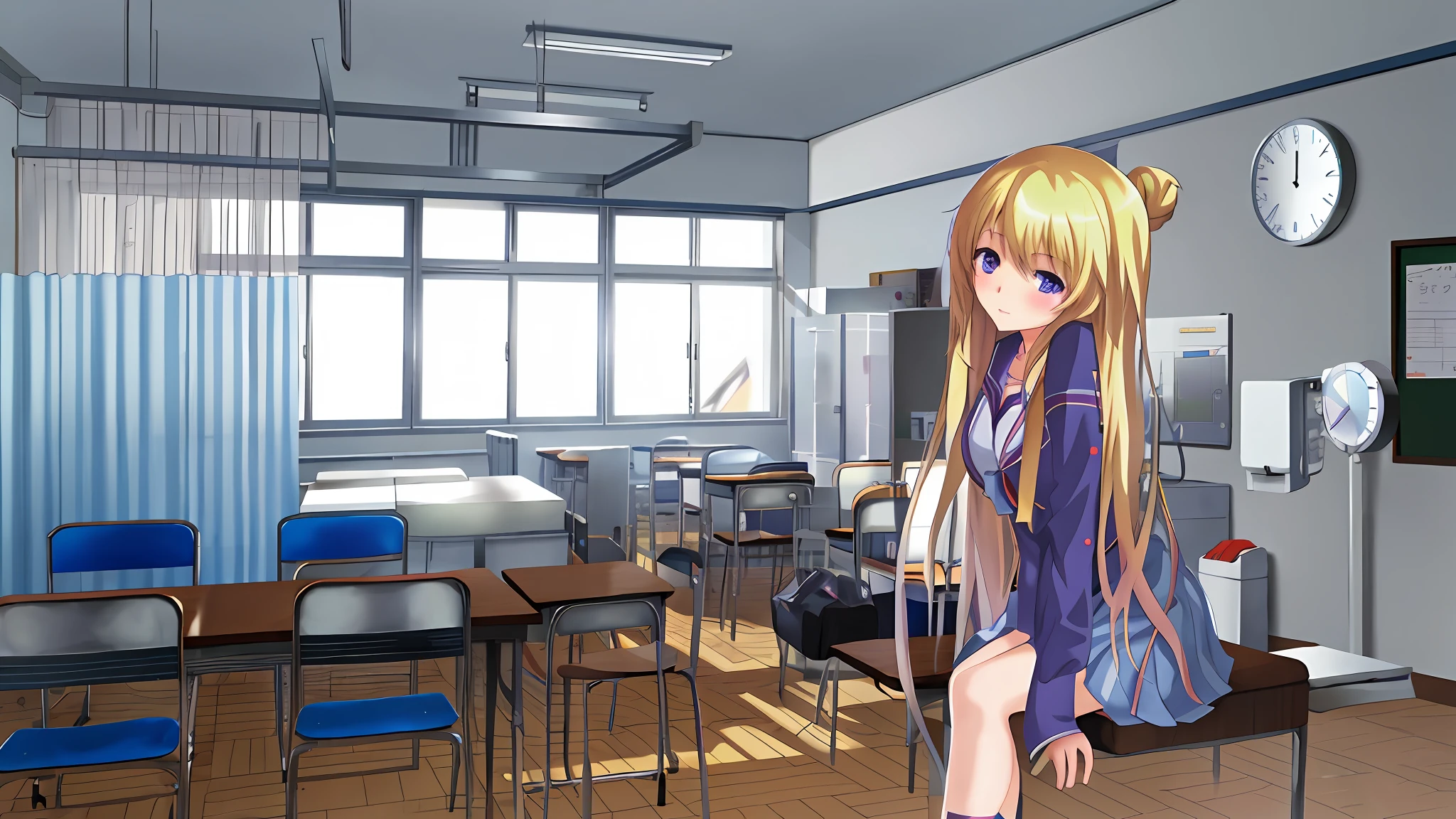 Anime - Style rendering of female characters in the classroom, visual novel cg, ; visual novel, painted in anime painter studio, beautiful anime high school girl, blonde anime girl with long hair, typical anime classroom, visual novel, Smooth Anime CG Art, in class room, Classroom background, Ecchi anime style, Anime Girl with Long Hair, High School Background