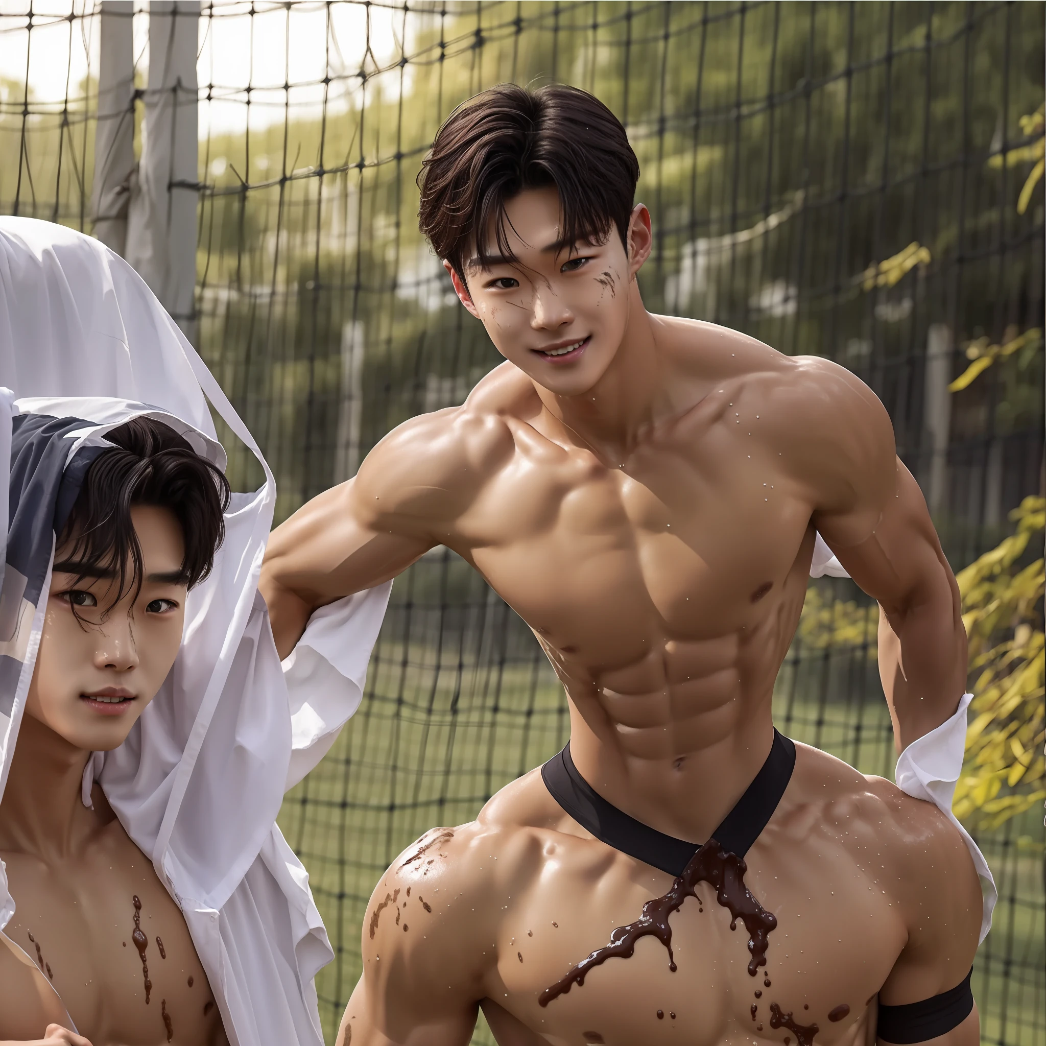 Abs handsome，年轻，are standing，Physical education students train outdoors，There is mud on the body，paleskin，Barefoot，fully body photo，Wear a transparent raincoat((paleskin))，There is also mud on the face，ssmile，Playing football