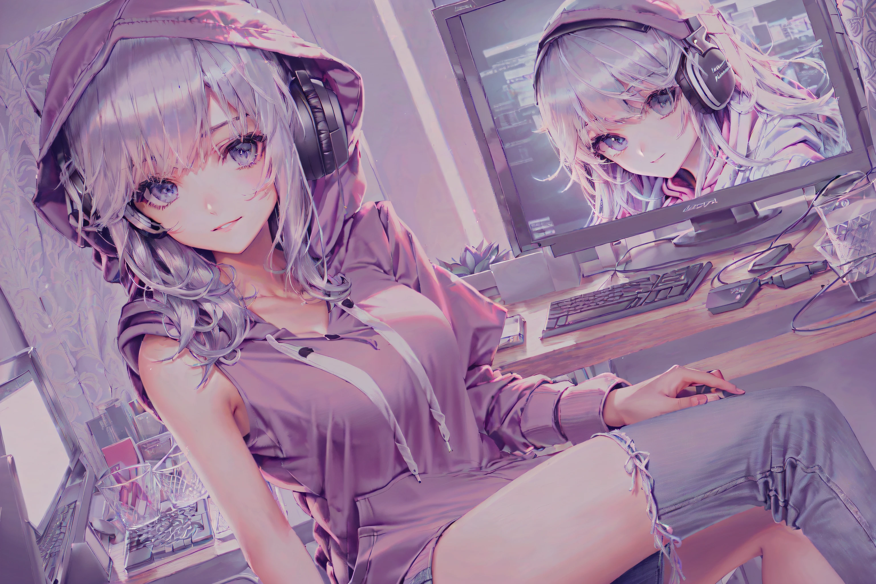 (masterpiece, best illustration, best manga), (extreme detail, ultra fine), solo, 1girl, violet eyes, (pink hair), (sitting at a computer:1.4),(long hair), (gamer headphones), (large tv in the background),  (large breasts:1.3), (sexy),  (vivid colors),(wearing a hoodie:1.8), (denim jeans), (extreme light and shadow, volumetric lighting), (rim lighting:1.5), (solo), (80s style:.5),(ultra sharp:2),