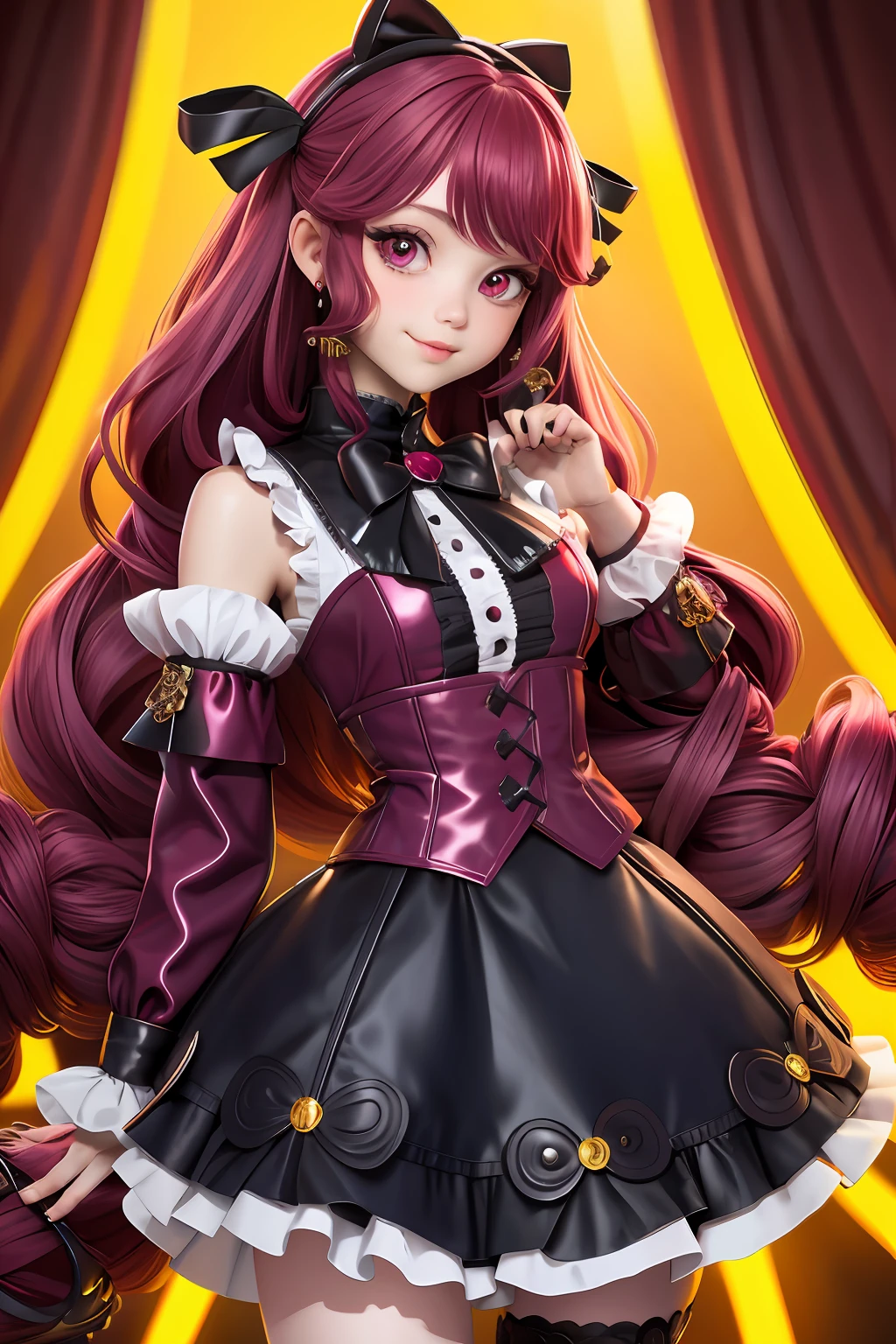 1girll,ta prostitute,Intricate puffy skirt,((with long coiled hair,Maroon hair):1.1),Colorful eyes,SakuraNS,rays of sunshine