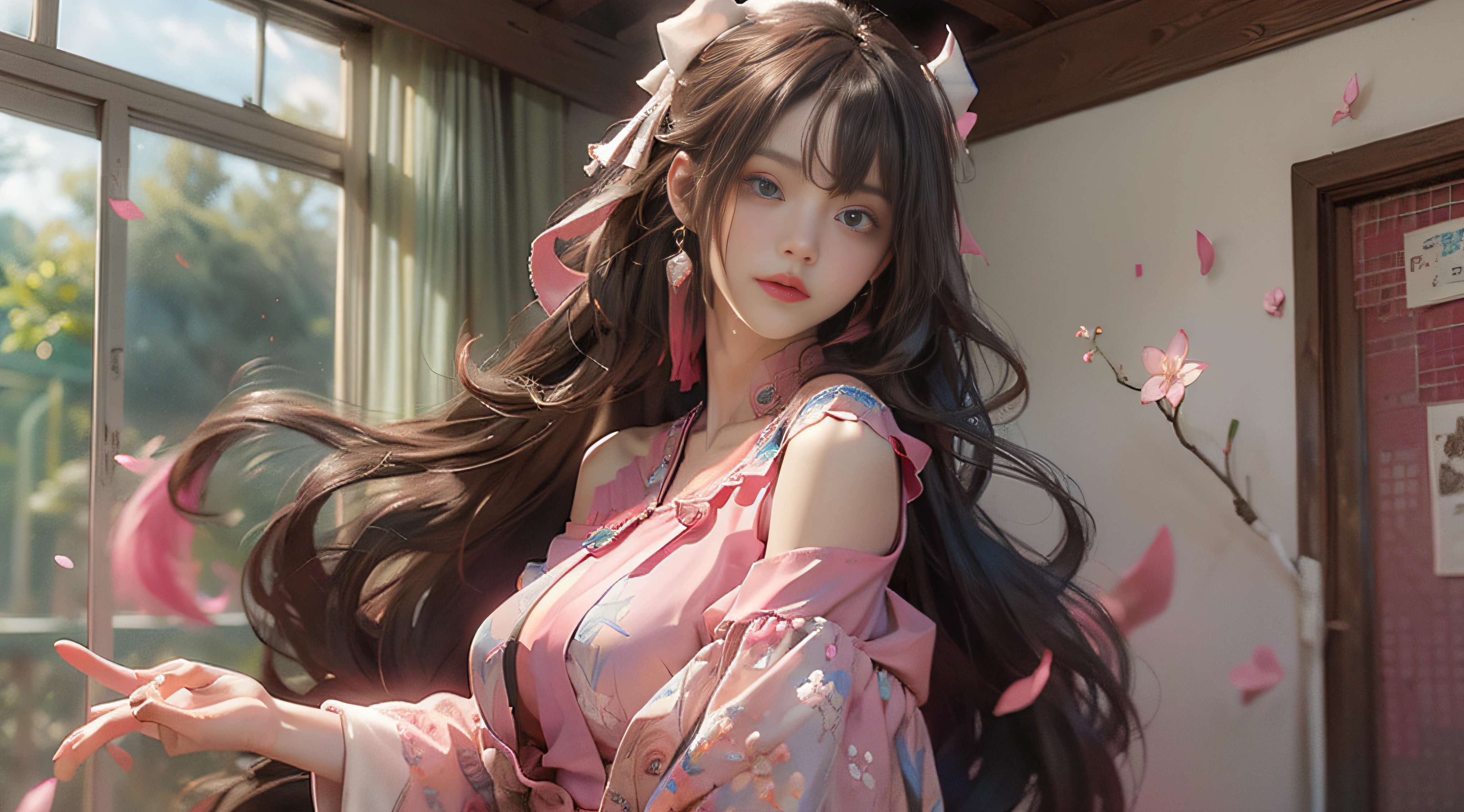 ((best qualtiy)), ((tmasterpiece)), (Detail:1.4), 3D, Beautiful cyberpunk female images,hdr(HighDynamicRange),Ray traching,NVIDIA RTX,Hyper-Resolution,illusory 5,sub surface scattering,PBR textures,post-proces,Anisotropy Filtering,depth of fields,maximum definition and sharpness,Many-Layer Textures,Albedo e mapas Speculares,Surface Coloring,Mitsu-Accurate simulation of material interactions,perfectly proportioned,rendering by octane,Two-colored light,largeaperture,Low ISO,White balance,Rule three points、8K raw data、beautiful bright pupils,off-the-shoulder clothes,Fine pupils,Delicate face and eyes,long eyelasher,Blushlush,Delicate and fluffy hair,pink lip,Pure,cute big breasts,Sweet girl,Artistic sense,Casual wear,Advancedsense,butterflys,Cherry blossom petal,Beautiful hair accessories,Long hair and waist,Hair fluttering in the wind,The light from the back window is backlighted