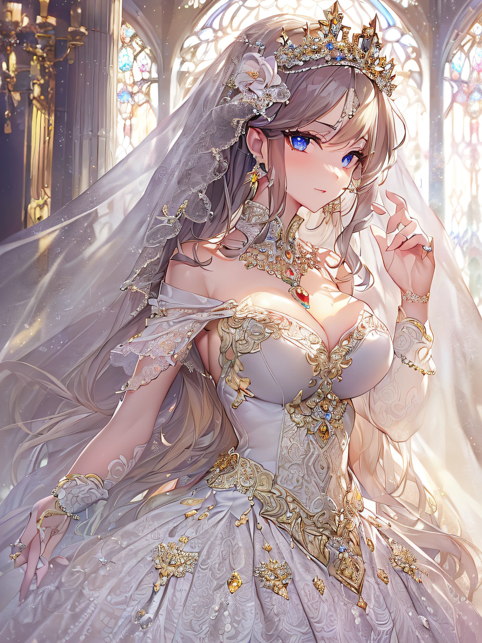 ((anime artstyle)),(Masterpiece),(Best Quality), (Super Detail),((Very Delicate and Beautiful)),Focus on character,Dynamic Angle,Looking at viewer,((Solo)),standing,((full body)),((one princess in gorgeousfull BlingBling wedding dress with voluminous skirt)),((BlingBling)),detailed face and eyes,jewel-like eyes,((Very Long voluminous Hair)),gorgeous embroidery and lace,((gorgeous corsage)),See-through,(Gorgeous BlingBling jewelry ornaments),luxury hair ornament,BlingBling luxury tiara with jewels,ornate ruffles,((gigantic breasts,Long breasts)),indoor,church wedding,((full body)),hoop skirt,crinoline,very long gorgeousfull wedding veil,(((jeweled gorgeous embroidery BlingBling wedding dress)))