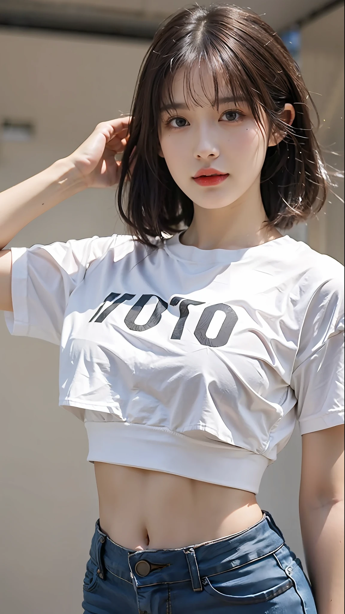(Original photo: 1.2), (Realistic: 1.4), (Masterpiece: 1.3), (Best quality: 1.4), Dreamy, (detailed eyes), (detailed facial features), (detailed clothing features), Skin tightness, (Shiny skin), (Slim Girl), (Slim Girl), (Slim Girl), 1 Girl, Veronica Code, Solo, Cute, Bangs, Short brown hair, Black eyes, (Medium breasts), ((Shirt)), Dynamic pose, (Kodak Film Color) ((Camera not visible)) ((White Studio) (Studio Light) ,(crop top:1.4)