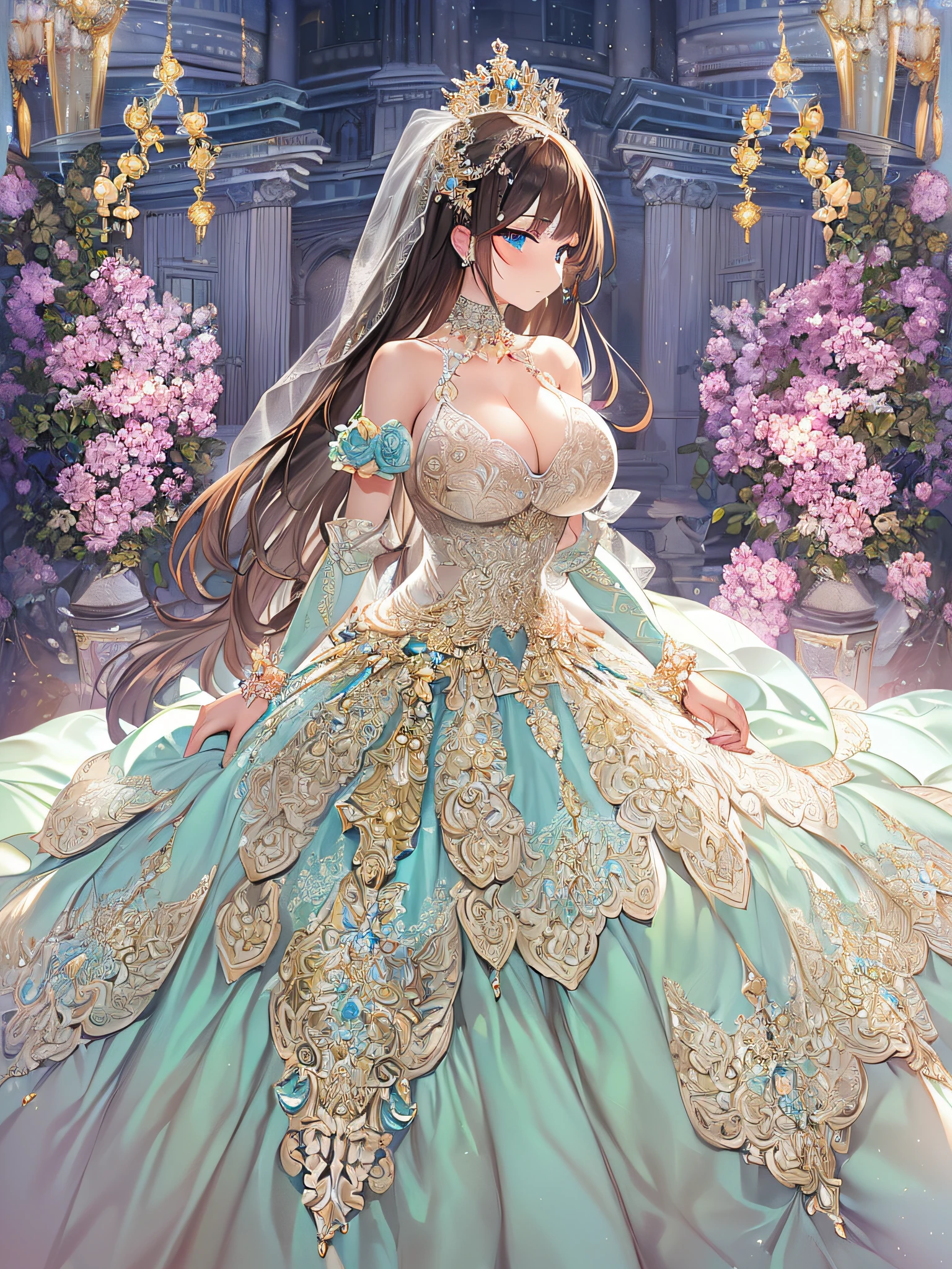 ((anime artstyle)),(Masterpiece),(Best Quality), (Super Detail),((Very Delicate and Beautiful)),Focus on character,Dynamic Angle,Looking at viewer,((Solo)),standing,((full body)),((one princess in gorgeousfull BlingBling wedding dress with voluminous skirt)),((BlingBling)),detailed face and eyes,jewel-like eyes,((Very Long voluminous Hair)),gorgeous embroidery and lace,((gorgeous corsage)),See-through,(Gorgeous BlingBling jewelry ornaments),luxury hair ornament,BlingBling luxury tiara with jewels,ornate ruffles,((gigantic breasts,Long breasts)),indoor,church wedding,((full body)),hoop skirt,crinoline,very long gorgeousfull wedding veil,(((jeweled gorgeous embroidery BlingBling wedding dress)))