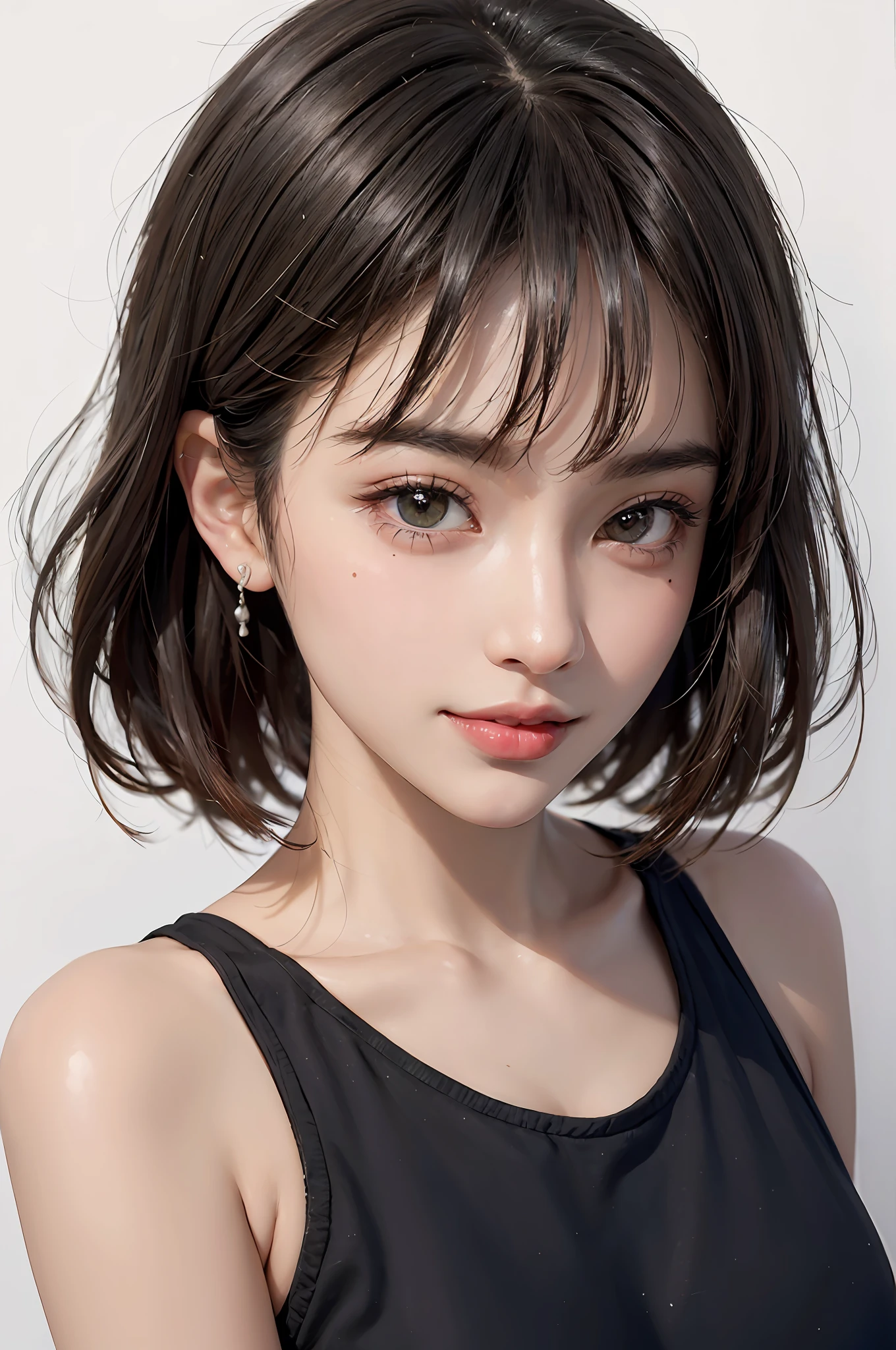 SeaArt Bot Variations 13:44:05 ((Masterpiece, Best Quality, High Definition)), 1 Girl, (Photorealistic: 1.4), Solo, White Background, Pure White Background, Mouth Closed, Happy Smile, Happy Smile, Pretty Black Hair, Short Hair, Big Eyes, Clear Double Eyelids, Eyelashes, Ears Out, Long Neck, Absolute Area, Skirt, ((Face Close-Up) ), (draw all head, shoulders), 19 years old, attractive proportions, shiny skin, clean collarbone, face in golden proportions, perfect face, tearful mole, mole on chest, bangs, clean bangs, lip gloss, thin lips, white skin, naked, big breasts