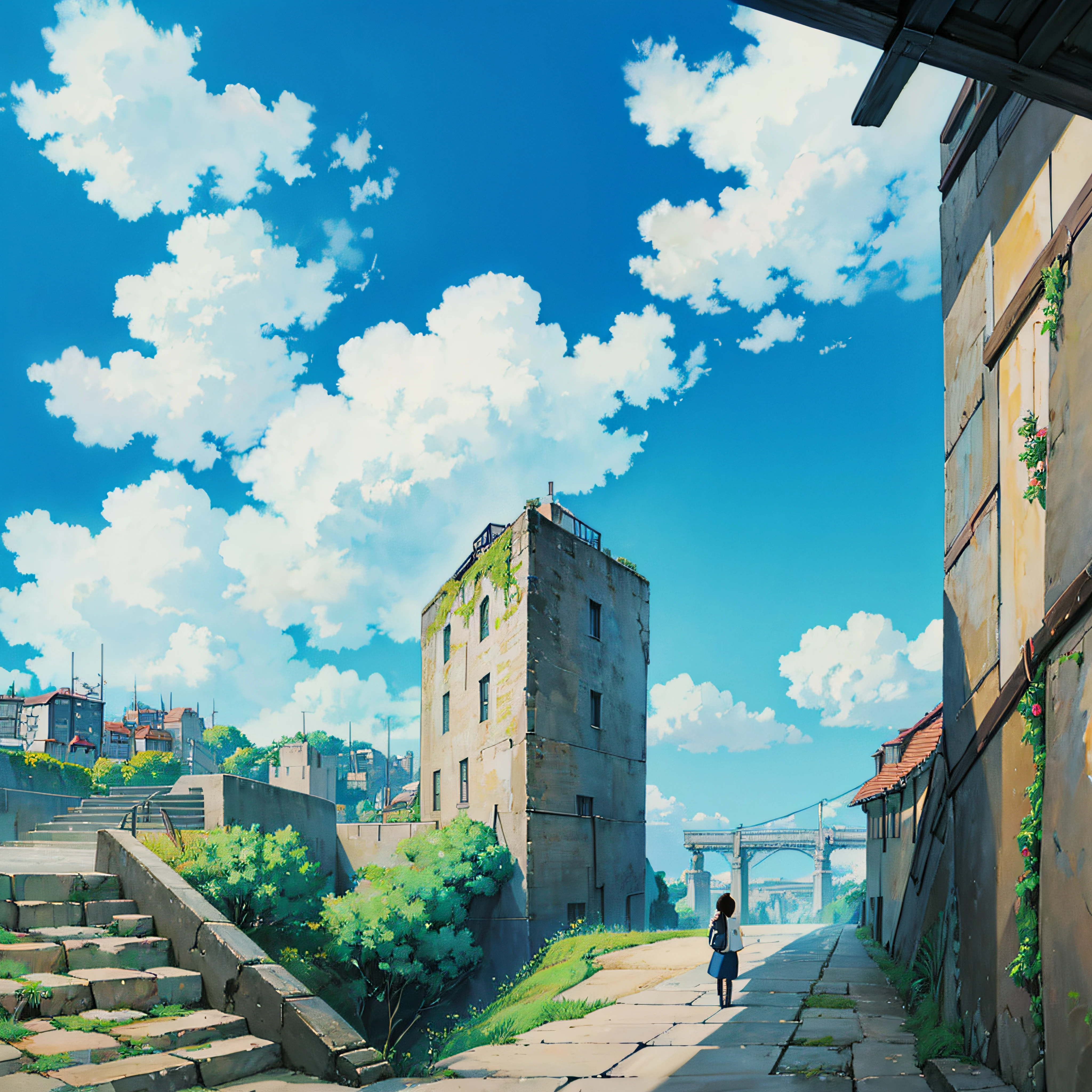 animesque、Skyscape with clouds、blue open sky、Deities々Shikai、stairway、You can see the touch of the brush、no human figures、Studio Ghibli、Ghibli、Scenery、Style、The light is sparkling、sky line、low angles --auto