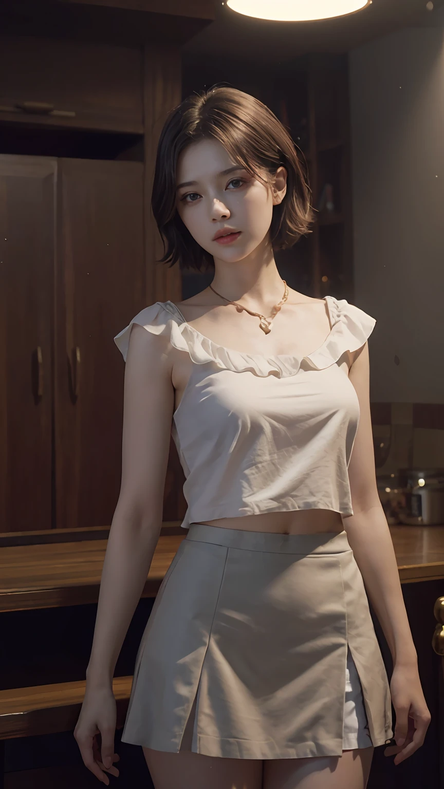 (Dynamic Angle, National Treasure RAW Photos, Photorealism: 1.3, Top Quality Detailed CG unity 8k wallpapers, Under Miniskirt: 1.2, Messy Short Hair, Movie Lighting, Lens Flare)