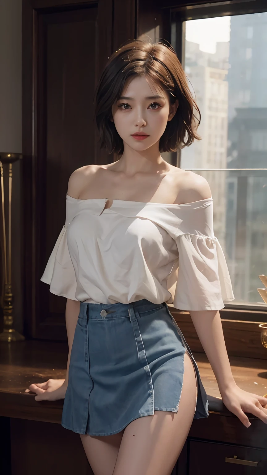 (Dynamic Angle, National Treasure RAW Photos, Photorealism: 1.3, Top Quality Detailed CG unity 8k wallpapers, Under Miniskirt: 1.2, Messy Short Hair, Movie Lighting, Lens Flare)