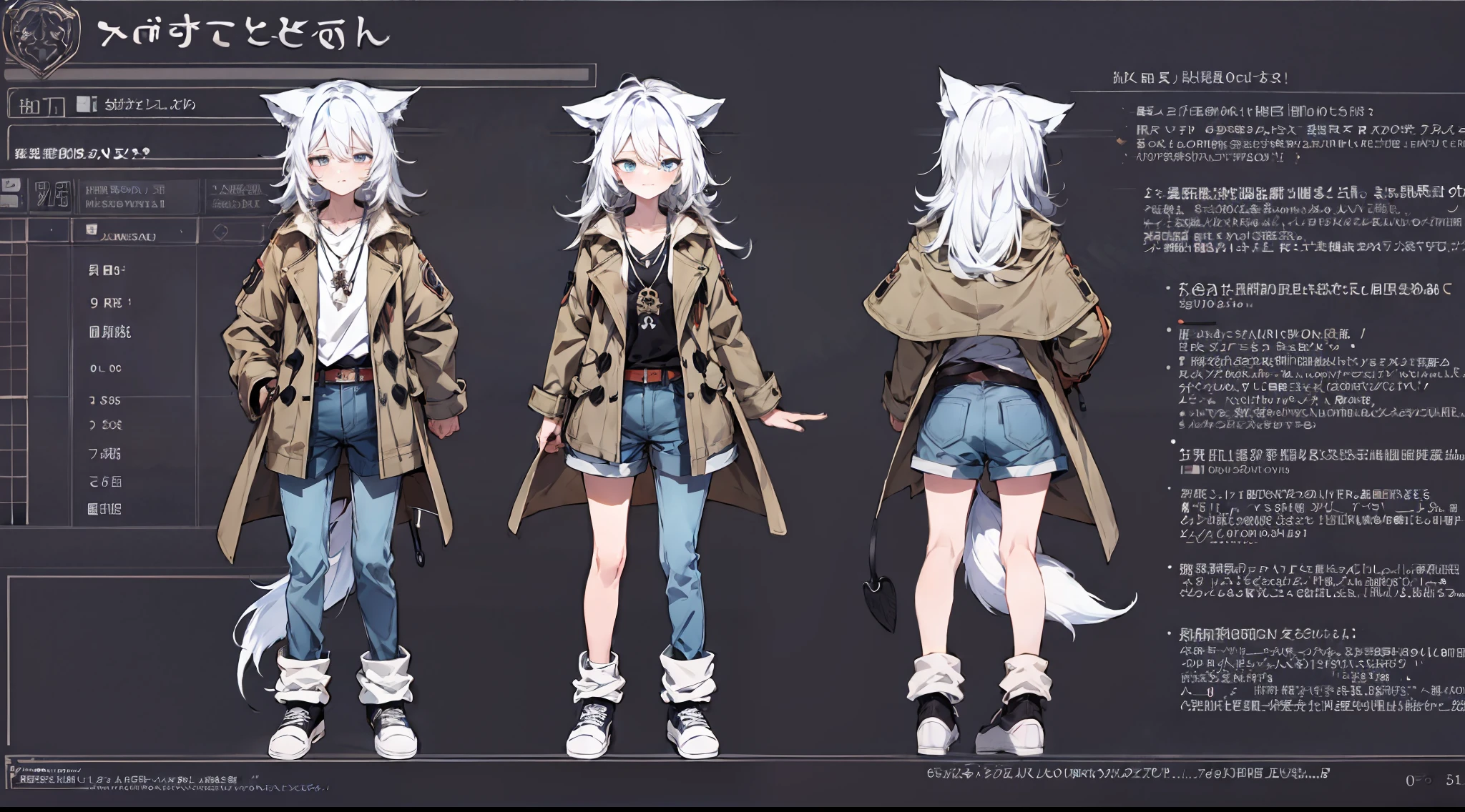 （（tmasterpiece）），（（（（best qualtiy））），（character design sheet，Same character，frontage，Lateral face，on  back），Reference table for cute boys，Light blue medium long hair，Heterochromic eyes，ssmile，Wolf ears，Wolf tail，One tail，Light trench coat with shorts，cross necklace，详细的脸，detailed hair，（simple backgound，white backgrounid：1.3）