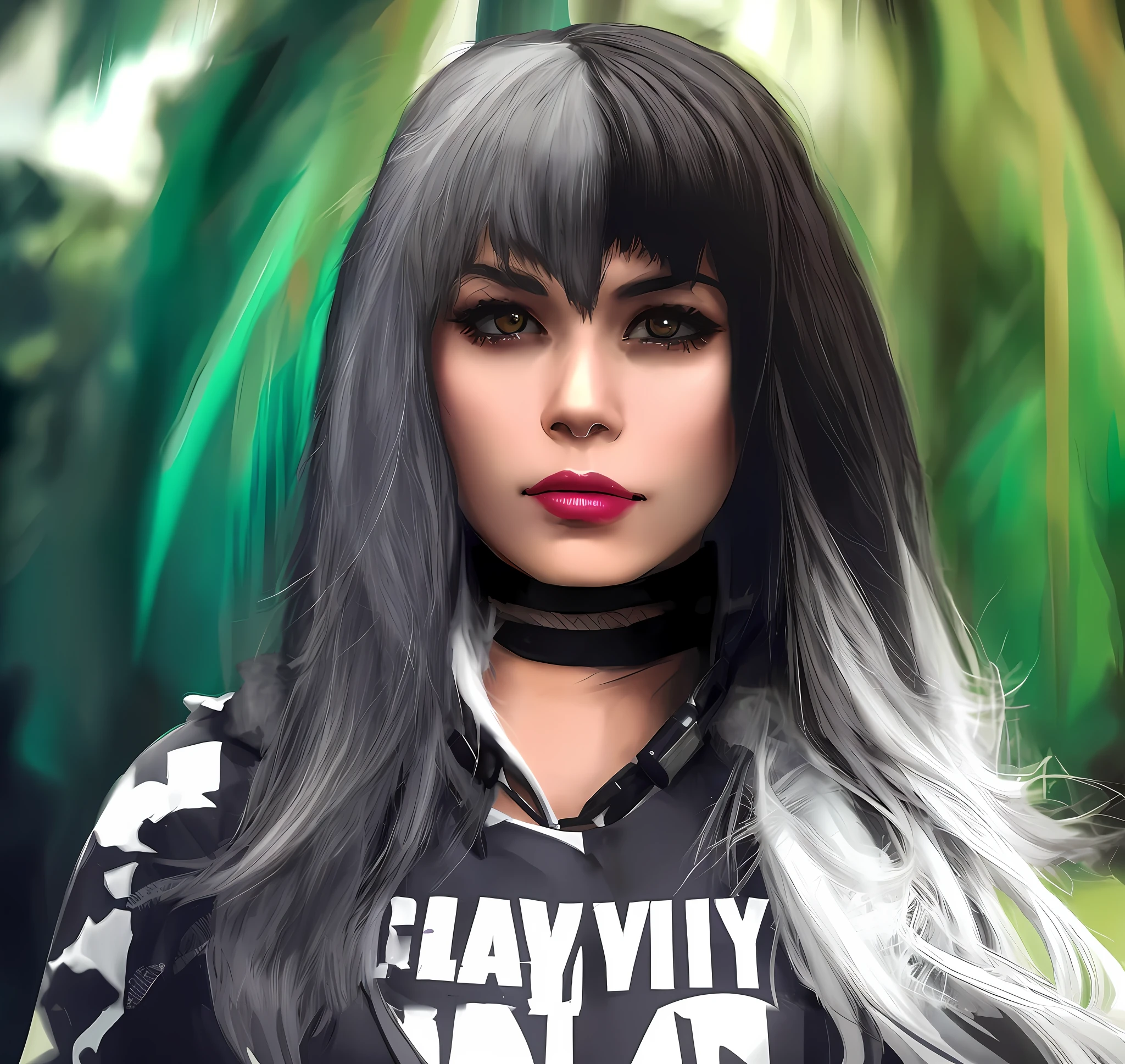 there is a woman with long hair and a black and white shirt, cabelo preto e franja branca, realismo artstyle, em estilo de pintura digital, estilo de arte realista, estilo pintura digital, estilo de arte fotorrealista, Ciborgue - Menina com cabelo prateado, menina do cabelo prateado, Cabelos pretos e brancos, Arte digital realista 4K, Arte digital realista 4K, in illustration style digital