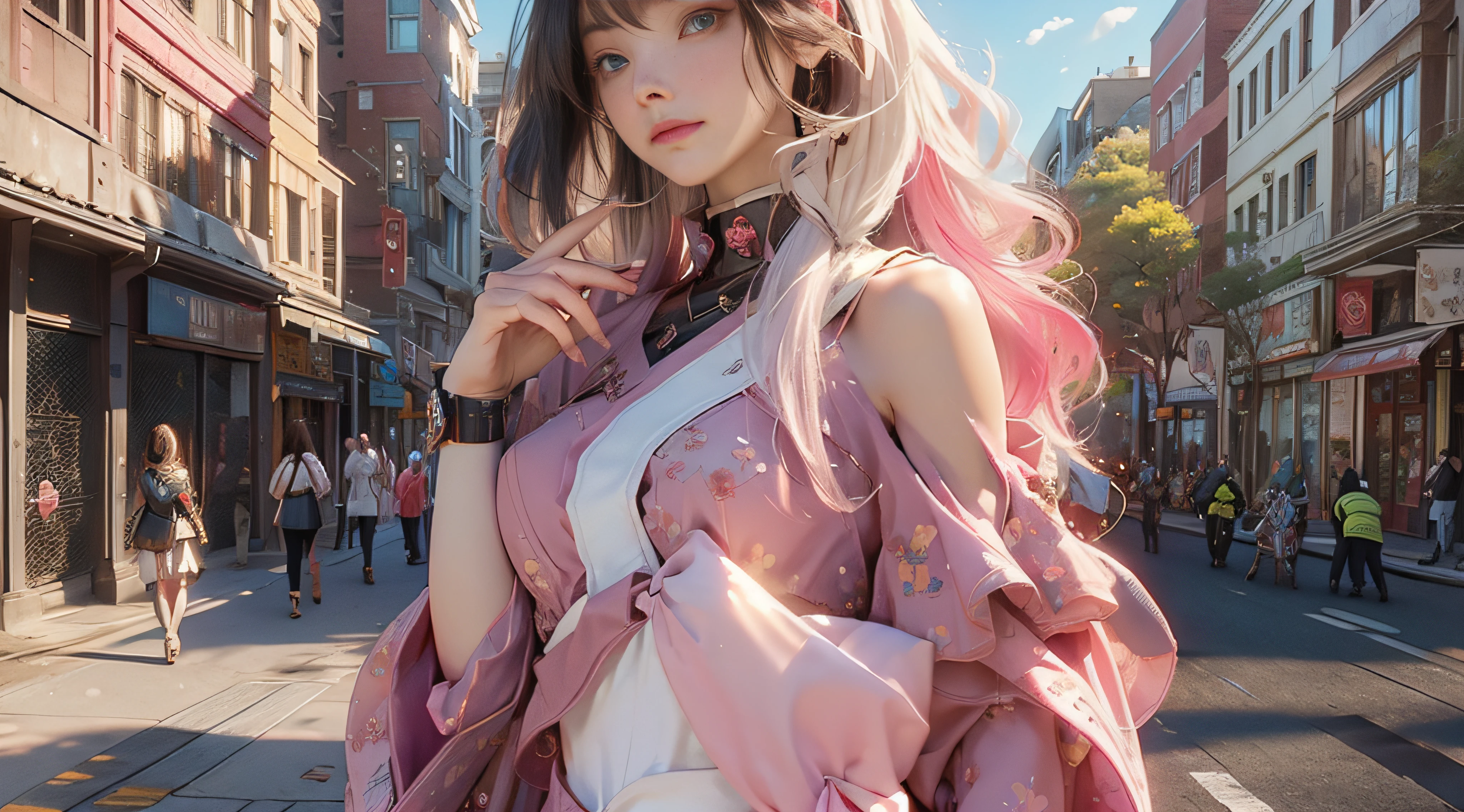 （（best qualtiy））， （（tmasterpiece））， （Detail：1.4）， 3D， Beautiful cyberpunk female images，hdr（HighDynamicRange），Ray traching，NVIDIA RTX，Hyper-Resolution，illusory 5，sub surface scattering，PBR textures，post-proces，Anisotropy Filtering，depth of fields，maximum definition and sharpness，Many-Layer Textures，Albedo e mapas Speculares，Surface Coloring，Mitsu-Accurate simulation of material interactions，perfectly proportioned，rendering by octane，Two-colored light，largeaperture，Low ISO，White balance，Rule three points、8K raw data、beautiful bright pupils，off-the-shoulder clothes，Fine pupils，Delicate face and eyes，long eyelasher，Blushlush，Delicate and fluffy hair，pink lip，Pure，cute big breasts，Sweet girl，Artistic sense，Casual wear，Advancedsense，butterflys，Cherry blossom petal，Beautiful hair accessories，Long hair and waist，Hair fluttering in the wind，The light from the back window is backlighted