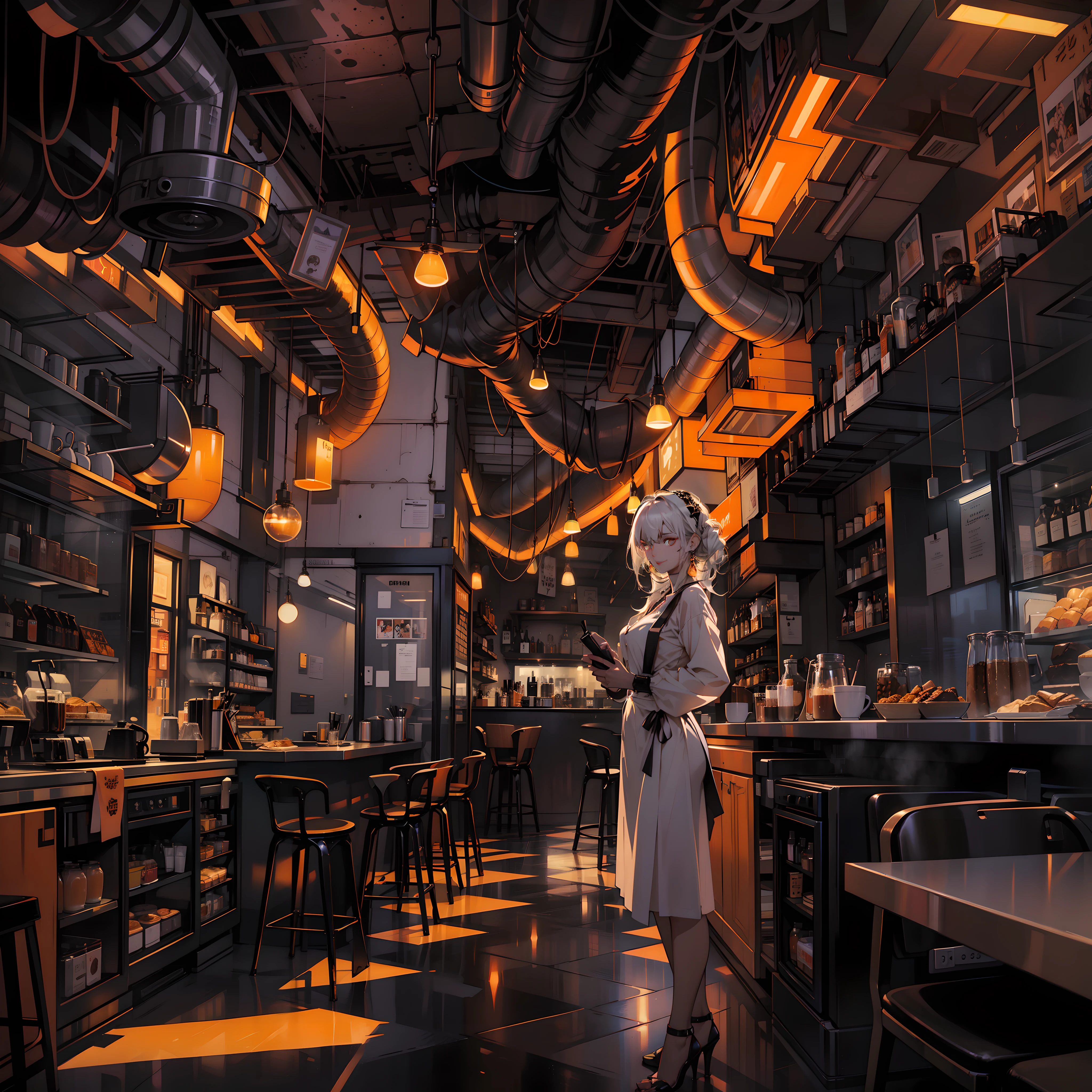 Best quality，tmasterpiece，Ultra-high resolution fills the picture，Indoor at night，Cafe in the sky,Orange color scheme for the café,There was coffee and wine,the night,inside in room，Coffee machine,Coffee lockers,Orange neon color scheme,Silver-white hair，Black fashion clothing，Orange and black matching outfits,boxer，Cafe beautiful girl，cyberpunk backgrouns,The background is colorful，Lateral face，Smiling，Various laid-back poses，Perfect makeup，Love eyes，8K quality，cyber punk perssonage，sense of science and technology，Character backlighting，rim-light，Movement changes，Flowing hairstyle，Loose hairstyle,The number of fingers is refined，The most beautiful girl in mankind，Wear a headband，Luminous accessories,Luminous earrings,Wear delicate accessories,Delicate close-up of the face，Realistic image quality，Super light and shadow，Very good figure，Meticulous，Have a cup or coffee on the roof in the evening，Very good figure，Raised sexy,luminous,Cool，Very stylish café,Cafe at night,Ray gorgeous,Have food,Laugh happily,