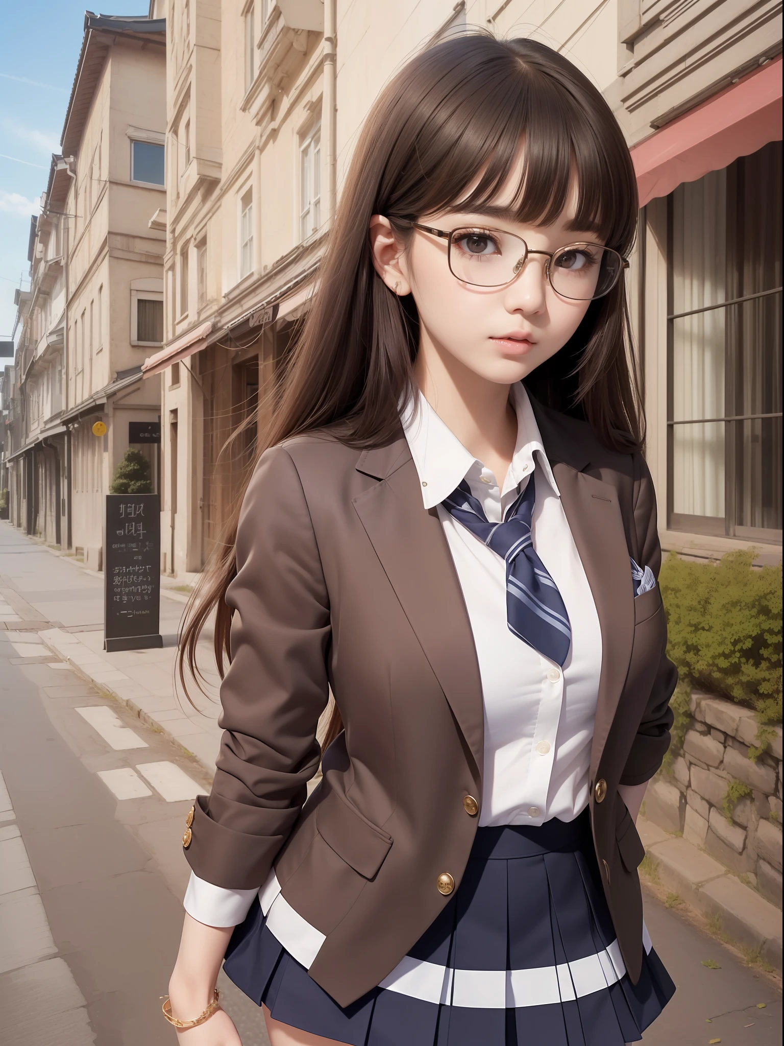 masuter piece, best qualtiy, (((realisitic, Photorealsitic:1.37))), ((独奏)), 8K image quality, Extremely delicate and beautiful, splendid, Official art with attention to detail, Ridiculous, Unbelievably ridiculous, huge filesize, ultra-detailliert, ighly detailed, (Petite and cute girl), (detailed girl), extremely detailed eye and face, Beautiful detailed eyes, Light makeup,, (Perfect female figure), (Korean  beauty), ((fullllbody)), ((Put the head in the frame)), Brown hair, With bangs, (Cute little glasses), ((Pupils)), (((School uniform with blazer and miniskirt))), (On the streets in the countryside), Walking,