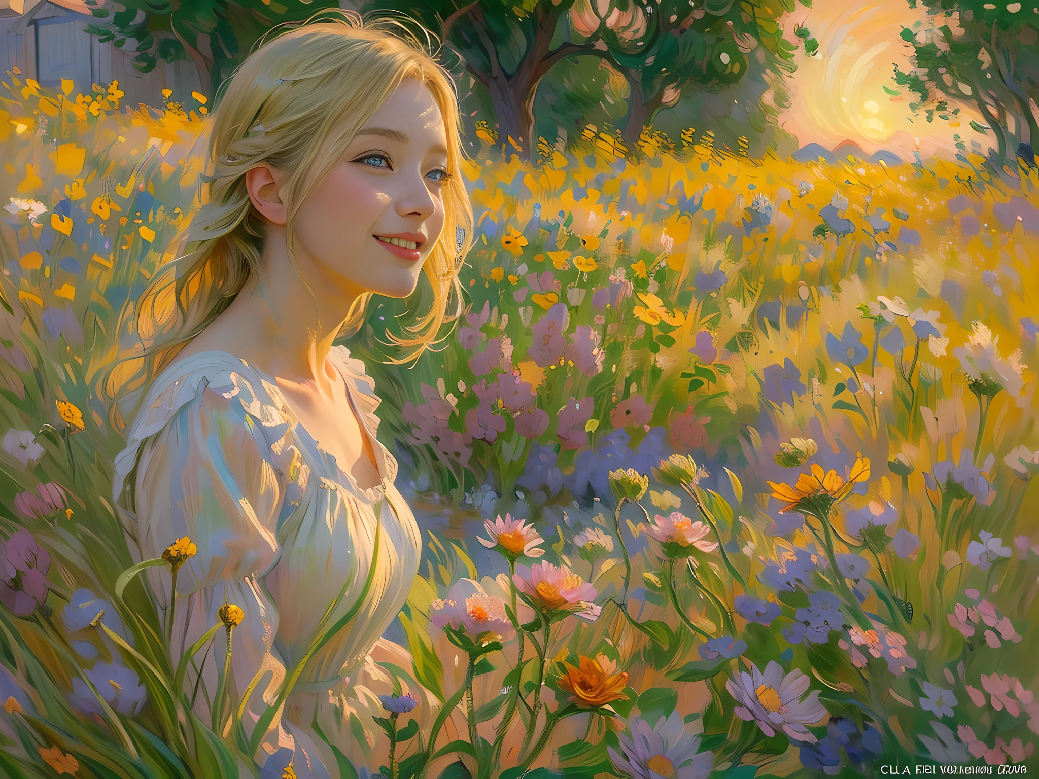 ((best quality)), ((masterpiece)), (detailed), (realistic), young woman, blonde hair, blue eyes, freckles, smiling, summer dress, (field of flowers:1.2), (sunset:1.1), warm colors, (impressionist style:1.3), (Claude Monet:1.2), peaceful atmosphere, (portrait composition:1.2), (8k resolution:1.2)