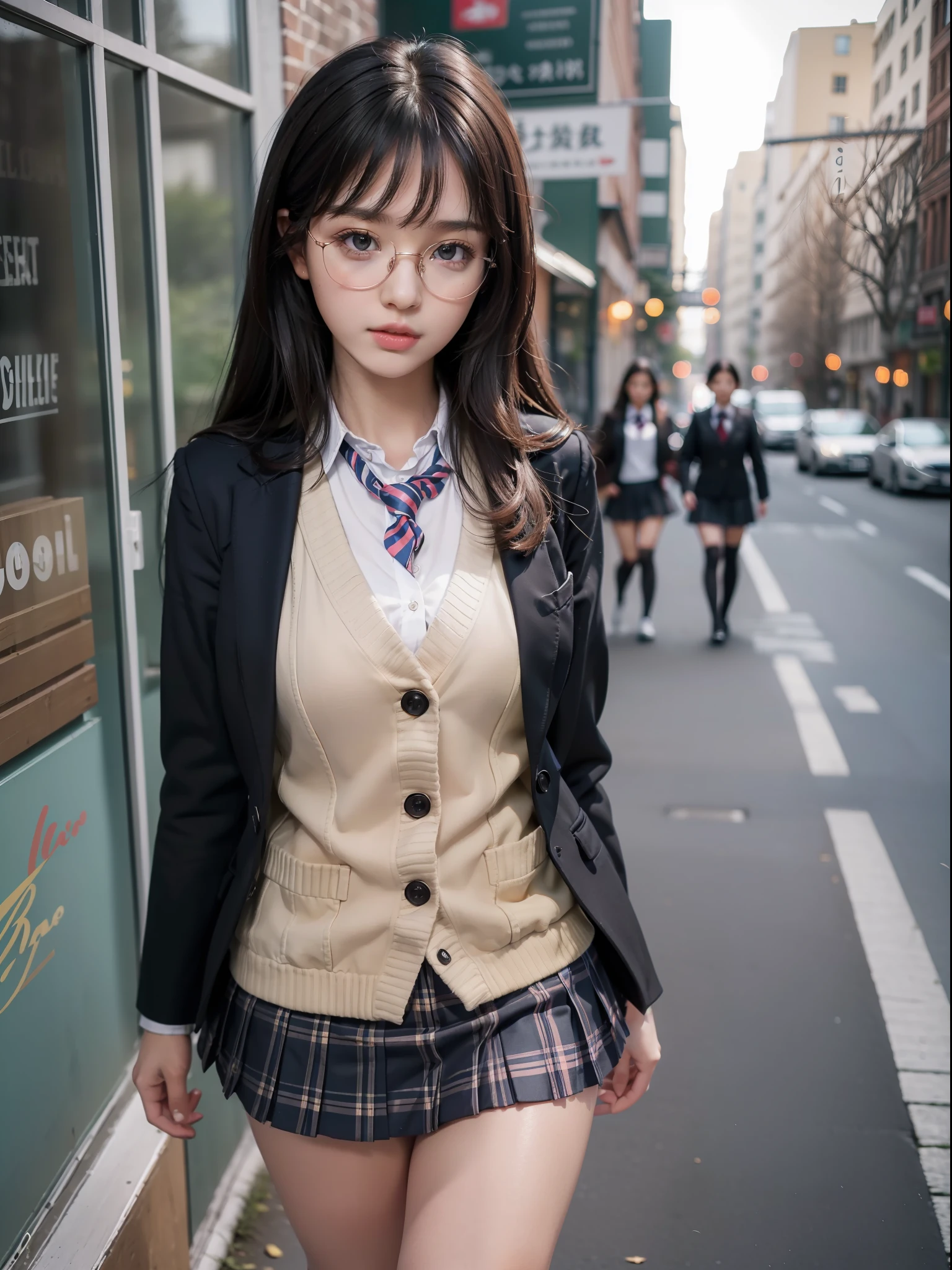 masuter piece, best qualtiy, (((realisitic, Photorealsitic:1.37))), ((独奏)), 8K image quality, Extremely delicate and beautiful, splendid, Official art with attention to detail, Ridiculous, Unbelievably ridiculous, huge filesize, ultra-detailliert, ighly detailed, (Petite and cute girl), (detailed girl), extremely detailed eye and face, Beautiful detailed eyes, Light makeup,, (Perfect female figure), ((fullllbody)), ((Put the head in the frame)), A dark-haired, With bangs, (Cute little glasses), ((Pupils)), (((School uniform with blazer and miniskirt))), (On the streets in the countryside), Walking,