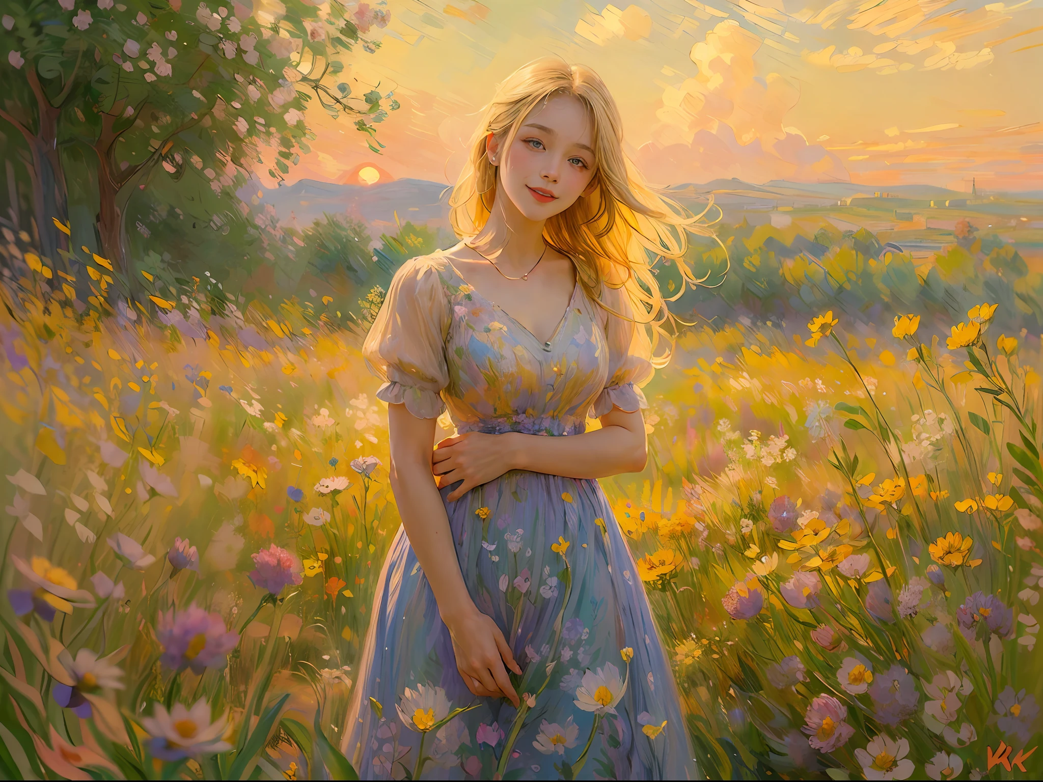 ((best quality)), ((masterpiece)), (detailed), (realistic), young woman, blonde hair, blue eyes, freckles, smiling, summer dress, (field of flowers:1.2), (sunset:1.1), warm colors, (impressionist style:1.3), (Claude Monet:1.2), peaceful atmosphere, (portrait composition:1.2), (8k resolution:1.2)