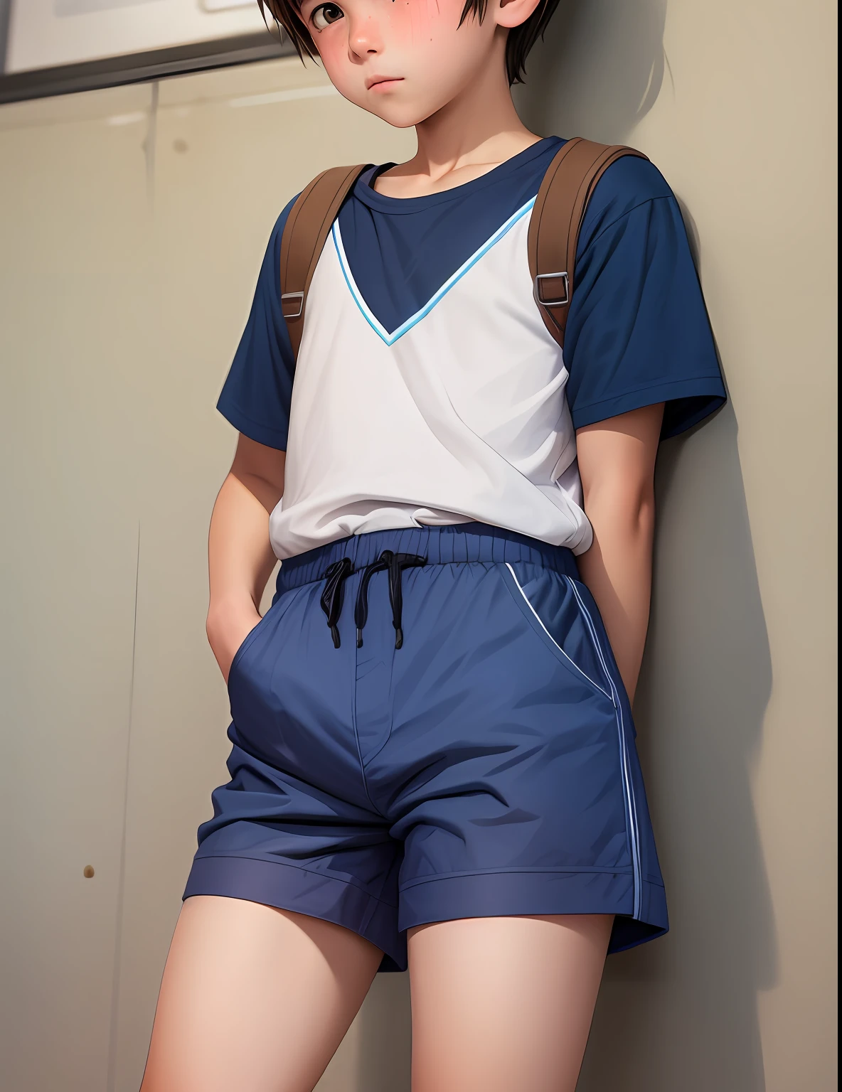 , elelue shorts, hands covered crotch, holding urine, blushing, tears