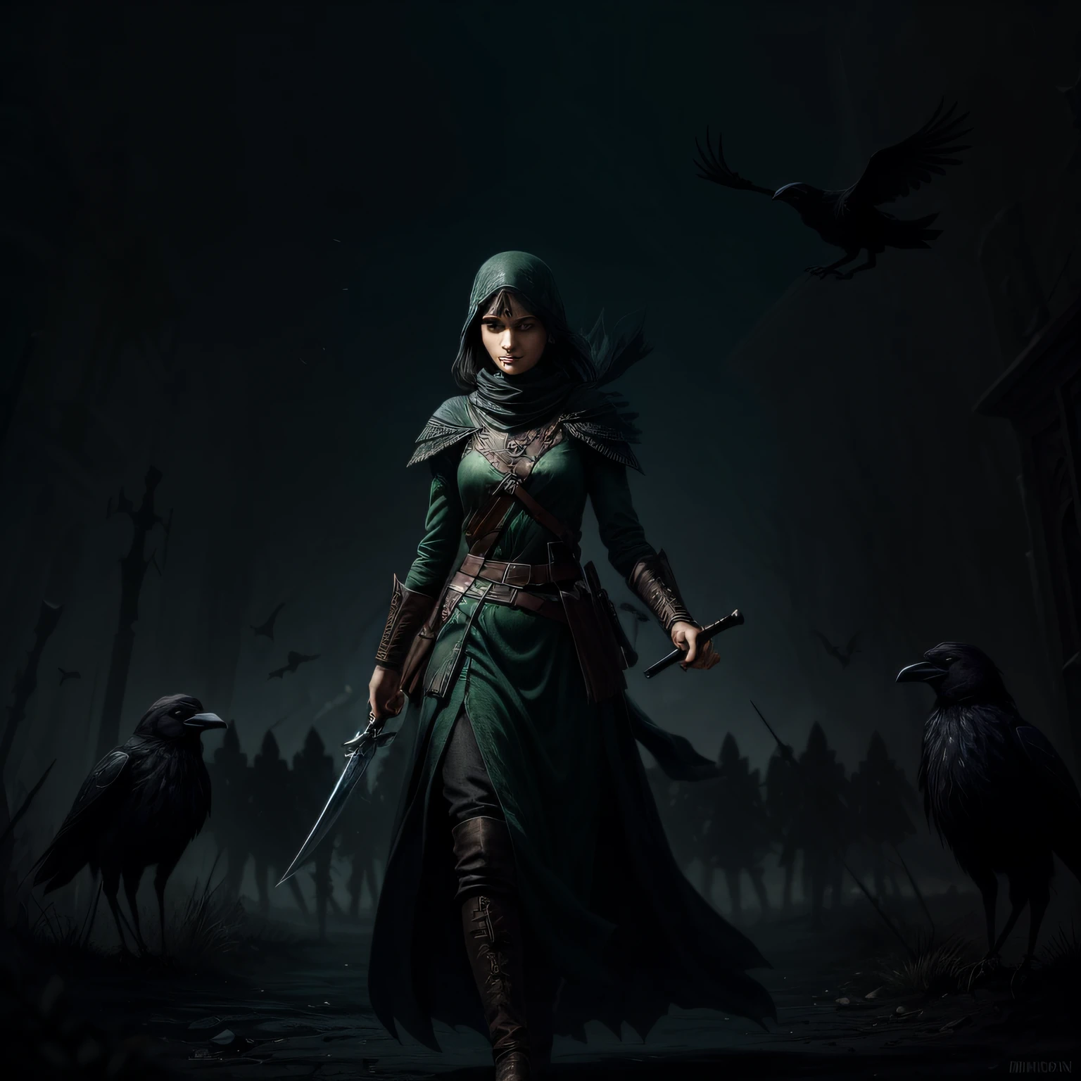 In the night of a group of crows, the girl holds a dagger in her hand and prepares to attack,8 K,Swift assassination of the enemy behind it,Green blood dripped from the dagger --auto