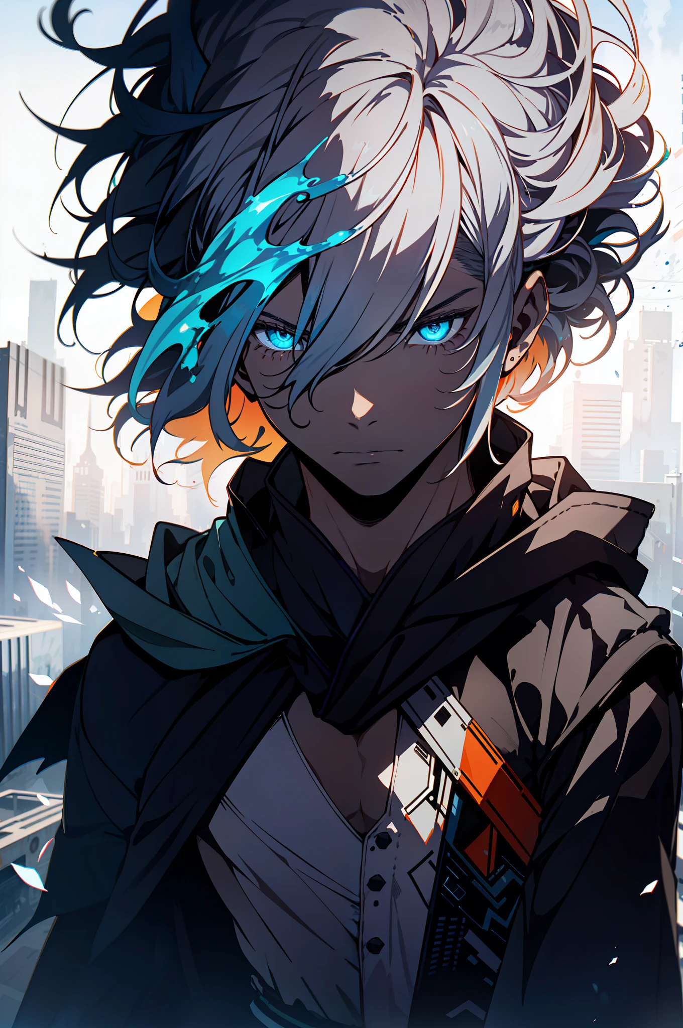 Cyberpunk male, fantasy world, dark background, clean design, epic instagram, artstation, colorful paint splatter, silhouette, hyper detailed intricate details, unreal engine, fantasy, intricate details, splash screen, complementary colors, Fantasy concept art, 8k resolution, deviantart masterpiece, oil painting, heavy strokes, paint dripping, (isolated on white background: 1.3), rainbow skin, (((handsome young man))), ((age:1.5) ), (glowing blue eyes), ((light eyes)), ((((short white hair: 1.1))), ((black clothes)), (prince\\(indifferent expression\\),, ( ((Wears high detail luxurious black robe))), white hair, frost magic, ((chest) --v 6