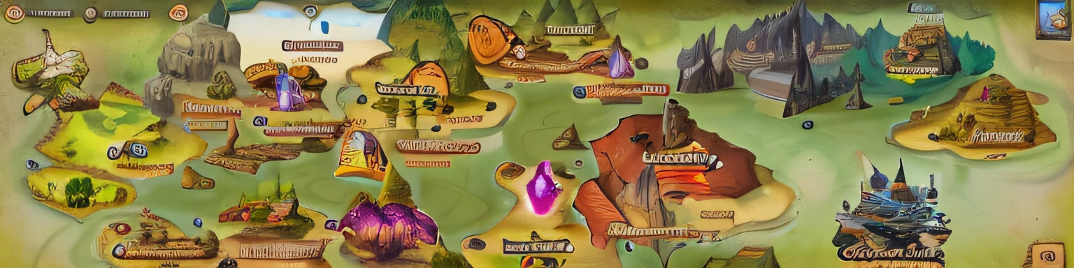 Close-up of the game map with many different locations, Game map, Pristine environment, ingame image, Game UI, game ui, Primitives, mappa, game footage , mobile game style, nipple play,Primitive theme,Terrain