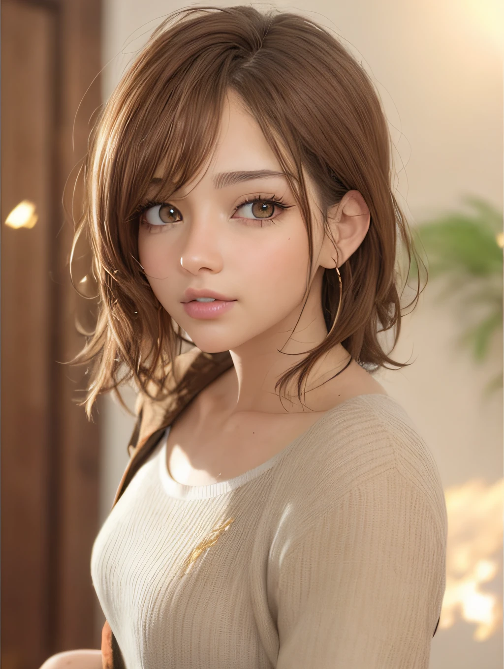 Close up portrait of a woman with brown shirt and brown hair, kawaii realistic portrait, realistic anime 3 d style, photorealistic anime girl render, 3 d anime realistic, Realistic art style, 8K portrait rendering, realistic cute girl painting, realistic art style, Smooth Anime CG Art, Photorealistic beautiful face, Anime Realism Style, realistic young anime girl