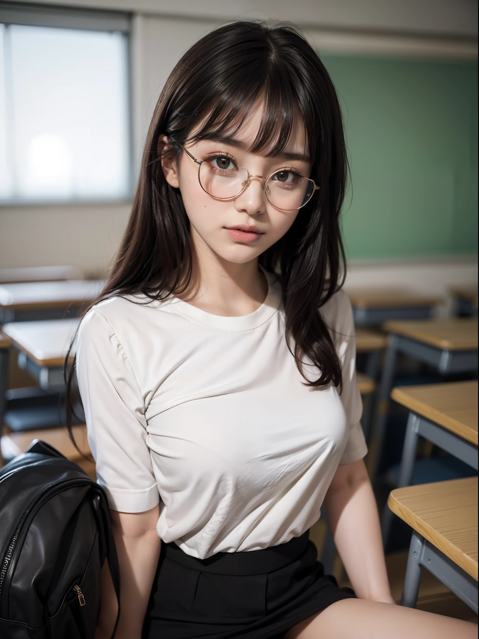 masuter piece, best qualtiy, (((realisitic, Photorealsitic:1.37))), ((独奏)), 8K image quality, Extremely delicate and beautiful, splendid, Official art with attention to detail, Ridiculous, Unbelievably ridiculous, huge filesize, ultra-detailliert, ighly detailed, (Petite and cute girl), (detailed girl), extremely detailed eye and face, Beautiful detailed eyes, Light makeup,, (Perfect female figure), ((fullllbody)), ((Put the head in the frame)), A dark-haired, With bangs, (Cute glasses), ((Pupils)), (((student clothes))), (Classroom),