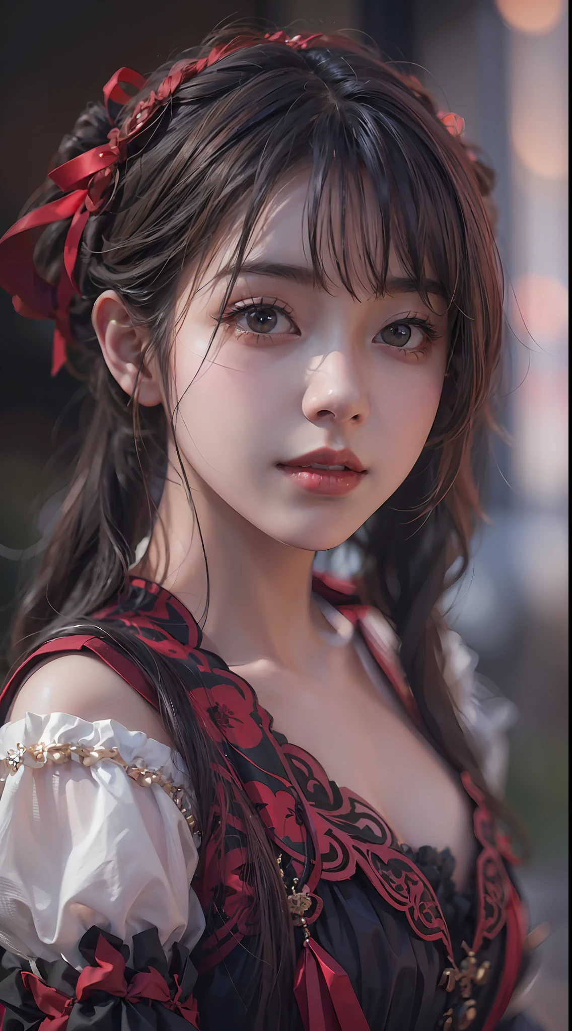 A beautiful young woman poses outside，A half body，dreamy hazy，In the style of Kawacy, Dark red and light black,webcam photography, Detailed costumes, Rodenstock Imagon 300mm F/5.8, Realistic impressions，soothing tones，pastel colour，