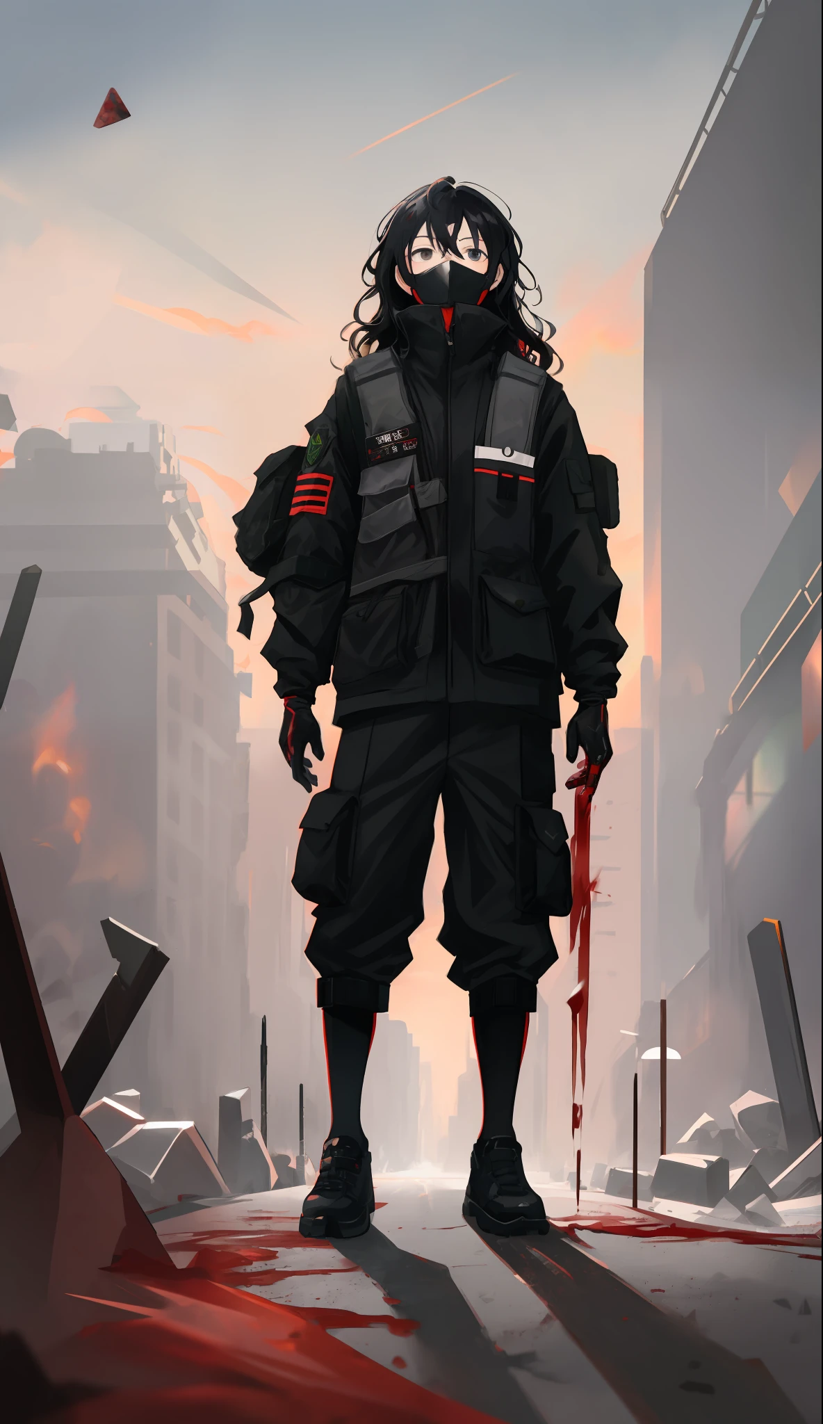 masterpiece, top quality, best quality, male, man, young man, man of 16, lo, extreme detailed, colorful,highest detailed, black hair, long hair, wavy hair, black eyes, destroyed city, backpack, wind, protective clothing, zombie apocalypse, full body, tech wear, muscular, military gloves, black mask on face, fixed eyes, black clothing, explosion in background, different colours, blood