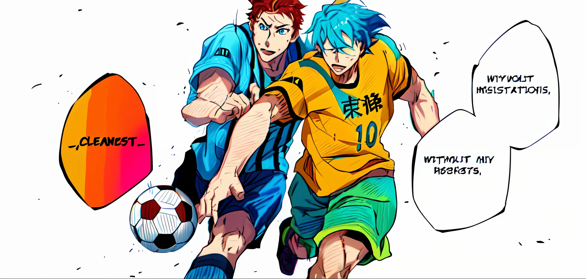 "Two boys fighting over possession of a soccer ball, refusing to give an inch, angry, tense situation, Colorful manga-style artwork with bright colors and expressive characters, features a dynamic panel layout. Keep it simple, background on a clean white background.", color manga, color manga, color manga, color manga panels, simple background, white background