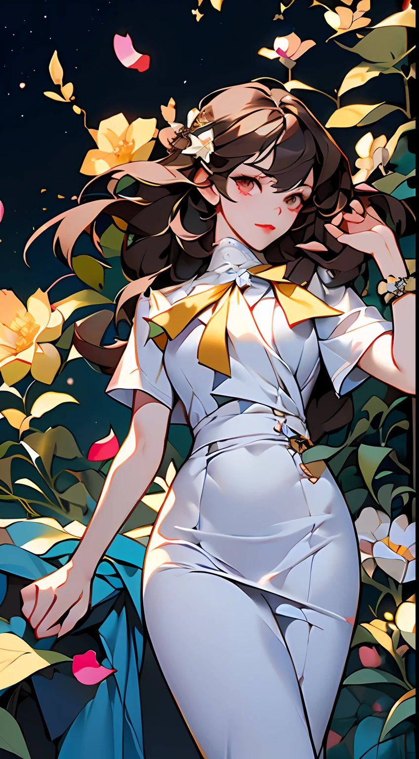 ((Midnight, Best quality, 8k, Masterpiece :1.3)), Whole body, Long legs, Sharp focus :1.2, A pretty woman with perfect figure :1.4, Slender abs :1.1, ((Dark brown hair, Big breasts :1.2)), (White tight tshirt, Jean bib, Standing:1.2), ((Night city view, Rooftop:1.3)), Highly detailed face and skin texture, Detailed eyes, Double eyelid,( watercolor \(medium\), IrisCompiet:1.2),abstract background, fantasy, many colors, colorful, flower petals, wind blowing,masterpiece, best quality, (extremely detailed CG unity 8k wallpaper), (best quality), (best illustration), (best shadow), absurdres, realistic lighting, (Abyss), beautiful detailed glow,clear face, clean white background, masterpiece, super detail, epic composition, ultra HD, high quality, extremely detailed, official art, uniform 8k wallpaper, super detail, 32k -- v 6