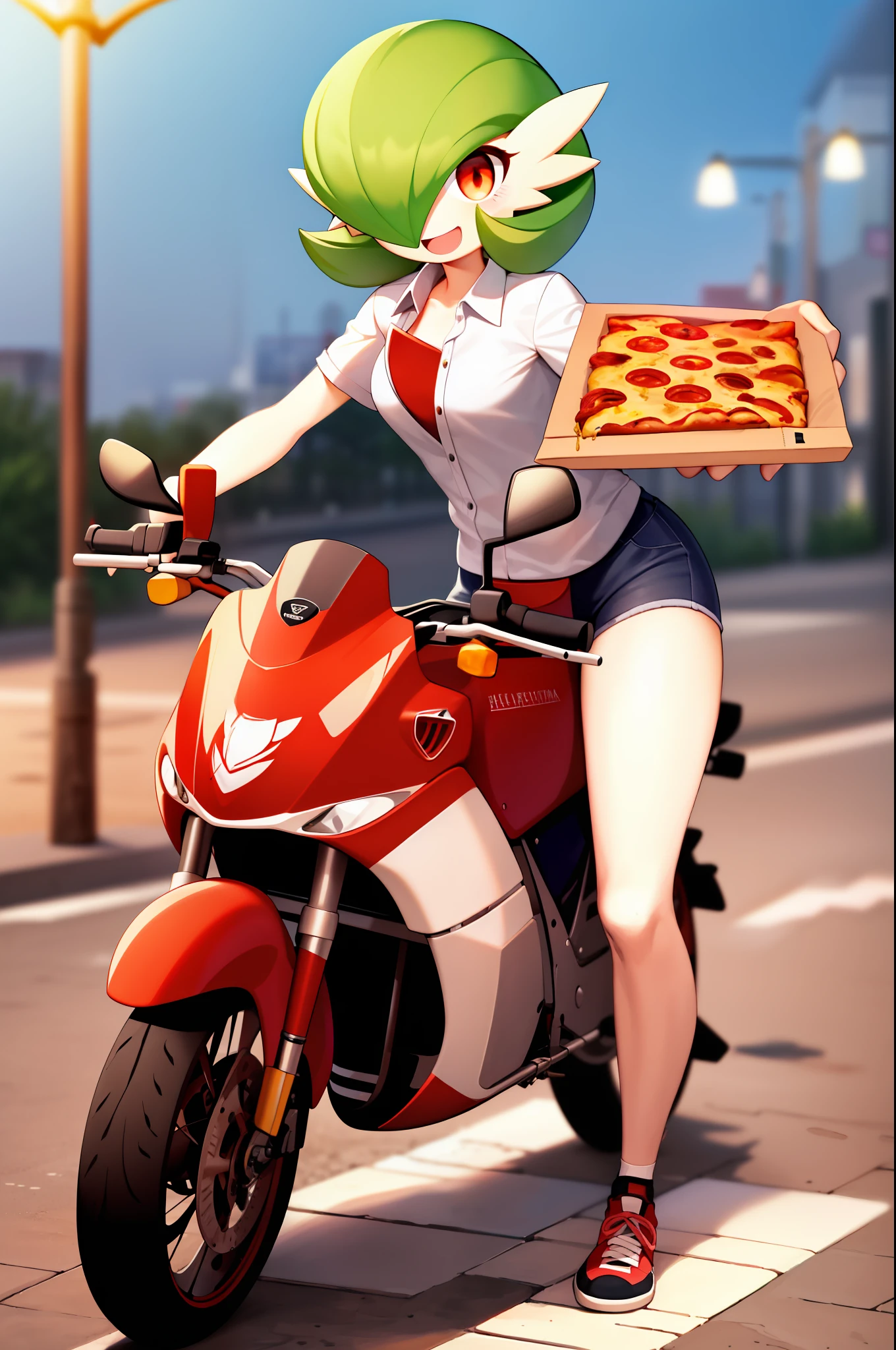obra maestra, best_quality, 1girl, solo, gardevoir, pokemon \(criatura\), cabello verde, ojos rojos, en una ciudad, de noche, sonrisa, usando shorts, camisa roja, uniforme de pizzeria, lleva una caja de pizza en la mano, caja para pizzas, uniforme ajustado, senos femeninos, senos medianos, detras de ella hay una moto, moto vezzpa.