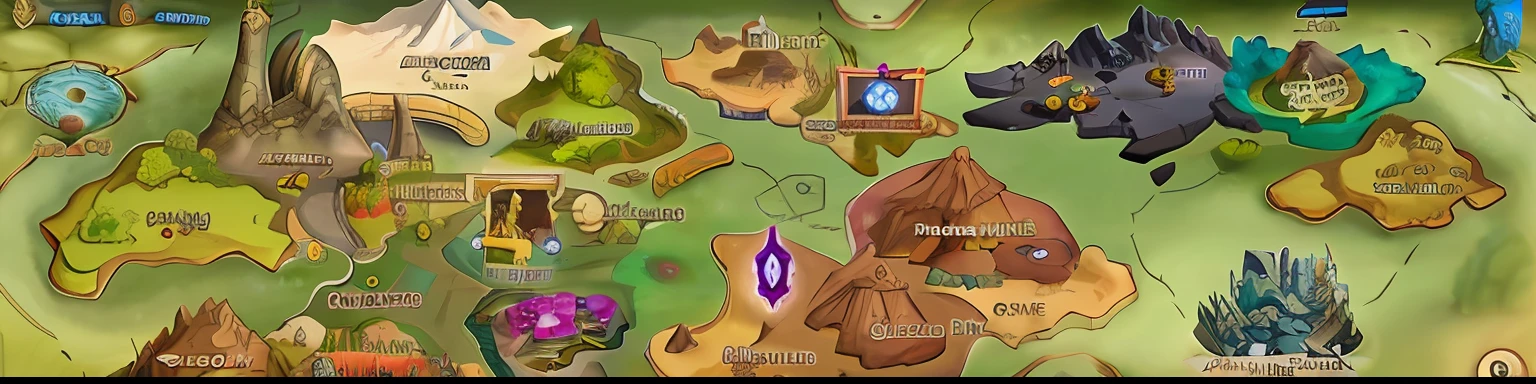 Close-up of the game map with many different locations, Game map, Pristine environment, ingame image, Game UI, game ui, Primitives, mappa, game footage , mobile game style, nipple play,Primitive theme,Terrain