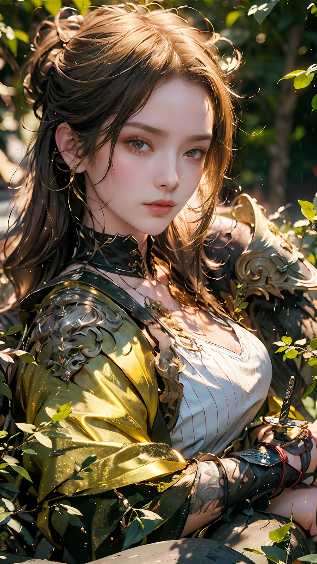 (REALISTIC 3D, FANTASY:1.25, PHOTOSHOOT:1.25, SENSUAL POSES, CLOSE UP), CLOSE UP PORTRAIT of LADY in Heavy RAIN SITTING ON GARDEN WITH LONG SILVER SWORD, depth of field, wearing GOLDEN FULL BODY ARMOUR, long BLONDE hair, PORTRAIT, LOOKING AT VIEWER, Lightings, trending in Artstation, in style of Wlop, Sharp focus, Concept artist, From below, official art, unity 8k wallpaper, ultra detailed, aesthetic, best quality