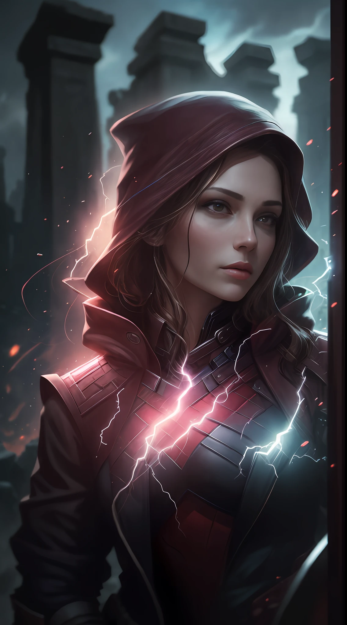 insane details, soft, (Realistic:1),(3d:1), (Highly detailed:1.2), Masterpiece, 8K UHD, Digital Art, photorealistic portrait illustration of Scarlet Witch from Marvel Comics, Wearing gaiters around the neck,facing viewer, looking a viewer,Glowing white eyes,Holding the soul, Dark ruins of an ancient temple in the background, Illuminated by blue light, Lightning in the background