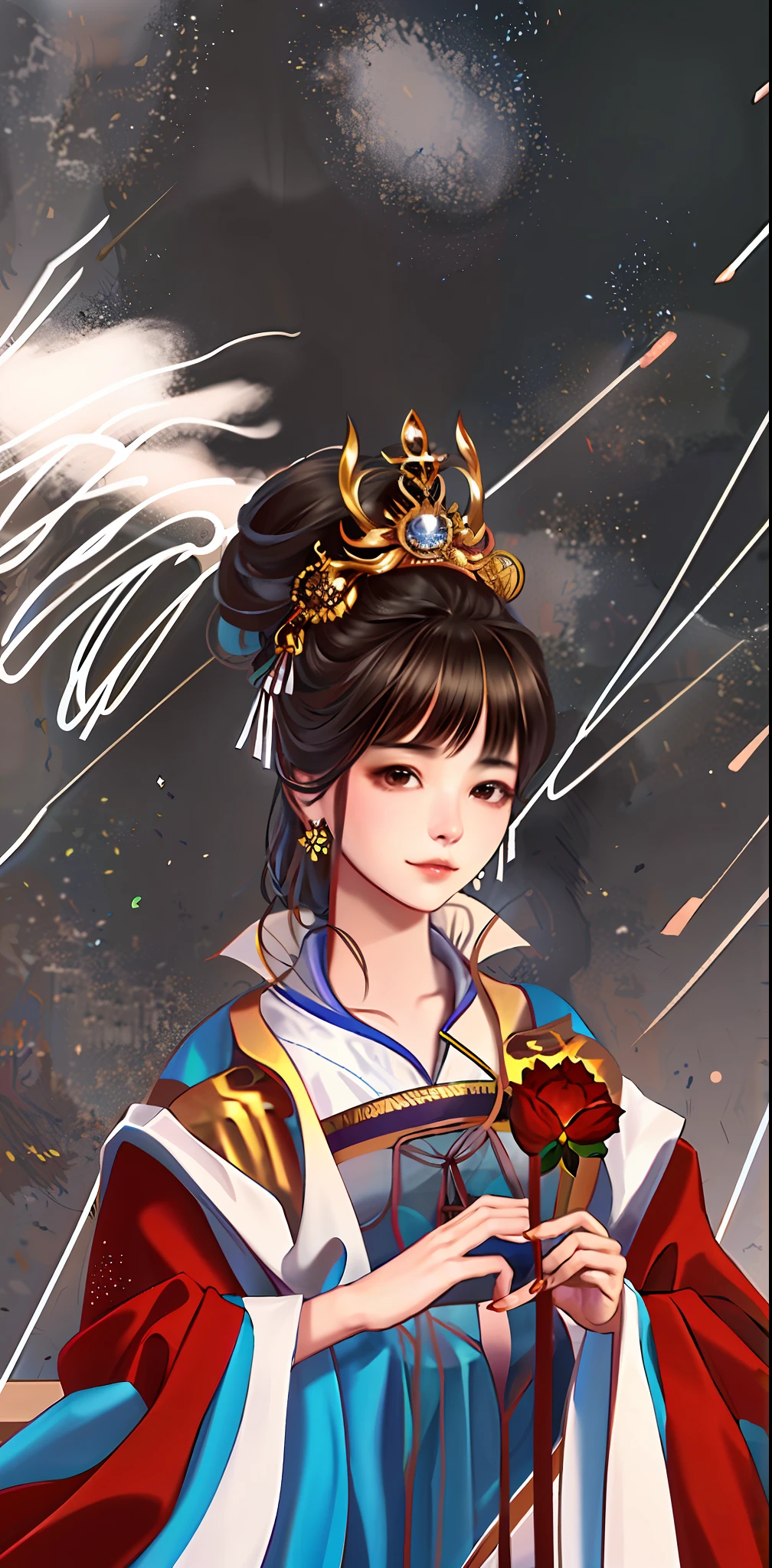 1girl, Red dress, Long to black hair, full bodyesbian, Side Body, Look at the viewer,腾云驾雾,There is a halo behind it,Flying sleeves fluttering