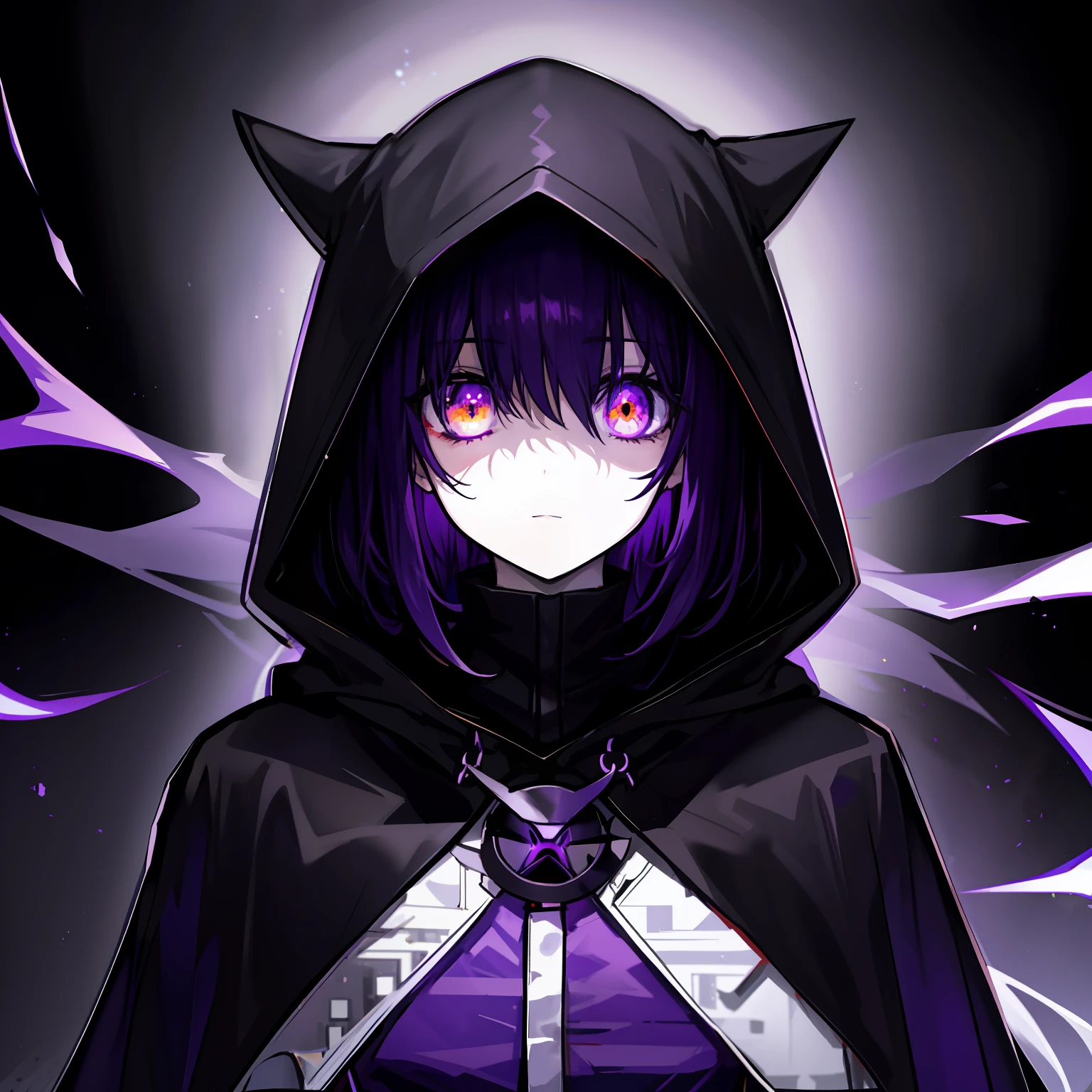 anime character with hood and cape with glowing white eyes, cloaked, dark cape, with glowing eyes, dark robed, black robes with purple outline, purple hair underneath hoor, obscured face
