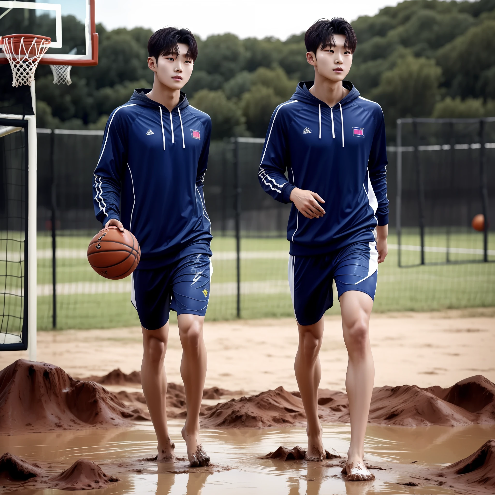 Abs handsome,年轻,are standing,Physical education students train outdoors,There is mud on the body,paleskin,Barefoot,fully body photo,Wear a transparent raincoat((paleskin)),There is also mud on the face,Playing basketball