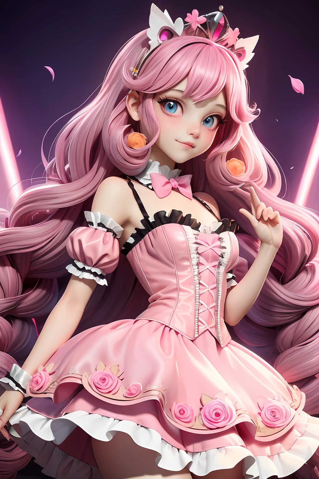 1girll,ta prostitute,Delicate fluffy skirt,Princess dress,intricate headpiece,((with long coiled hair,Pink hair):1.1),Colorful eyes,petals,rays of sunshine