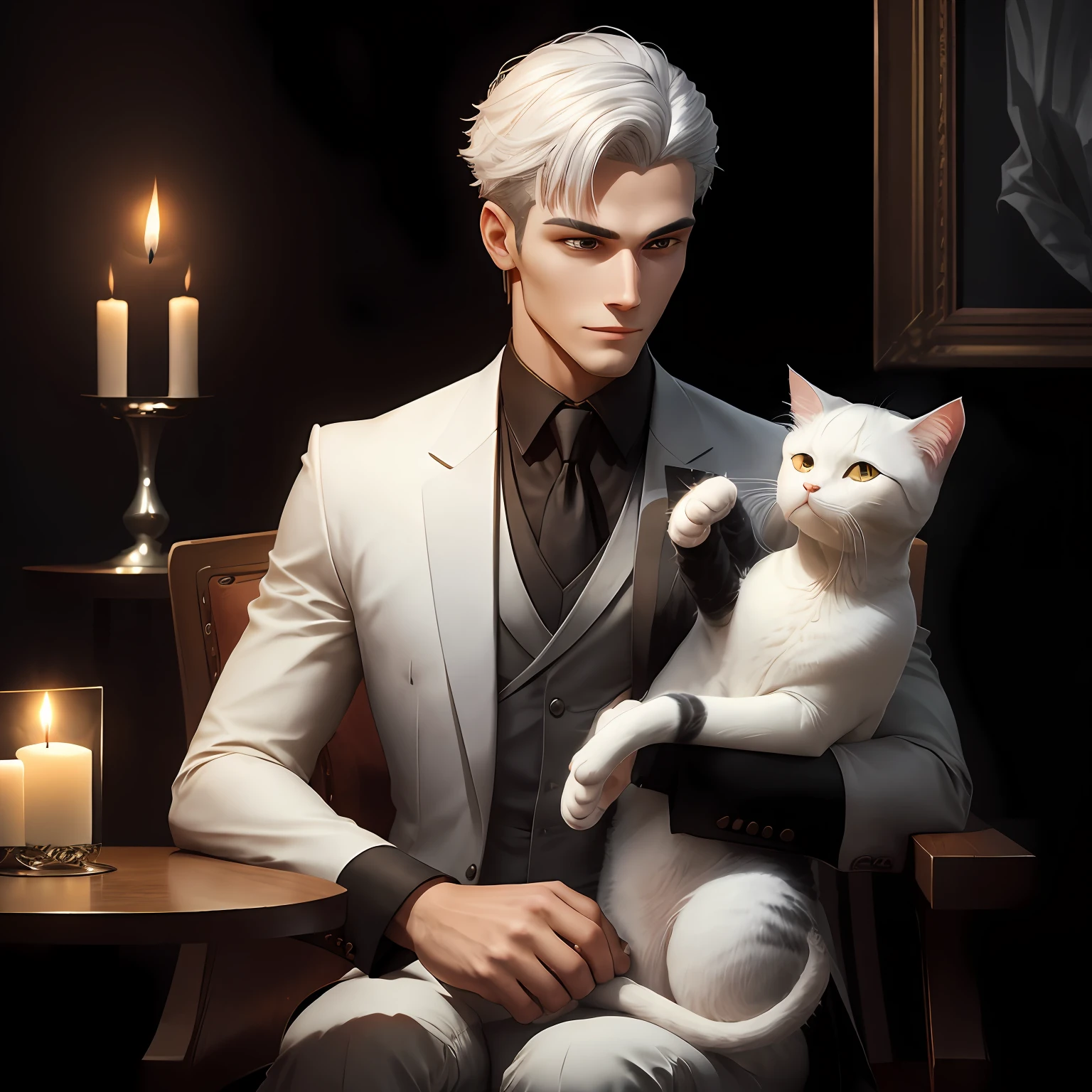 Facial features in men, Three-dimensional Euclid, suit, sittingonchair, Candle, Small square table, The background is a blurry black, elegant, Erlang legs, The body is slightly inclined, Silver-white hair, SENSE OF CINEMA, hyper HD, a slight smile on the corners of the mouth, Side view, , Deep eyes,Holding the cat in one hand and stroking the back of the cat with the other Modern style