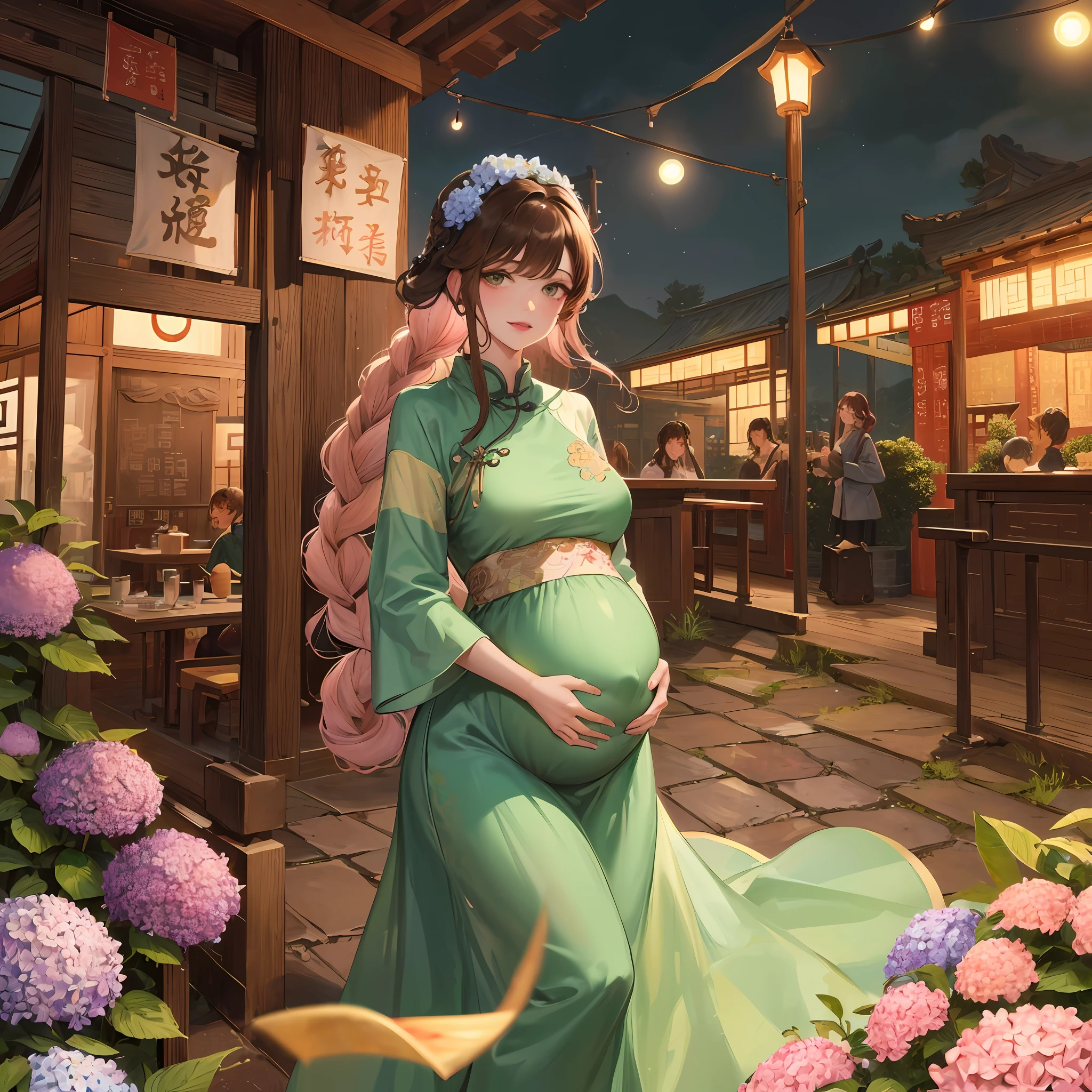 Masterpiece, Best quality, Night, full moon, 1 girl, Mature woman, Chinese style, Ancient China, Sister, Pregnant woman Smile, Brown hair, Princess cut, Single strip of fried dough twisted braid, Coiled hair, Double ball head, Light pink lips, calm, Intellectual, mid hair, green pupills, Hairpin, hydrangea,