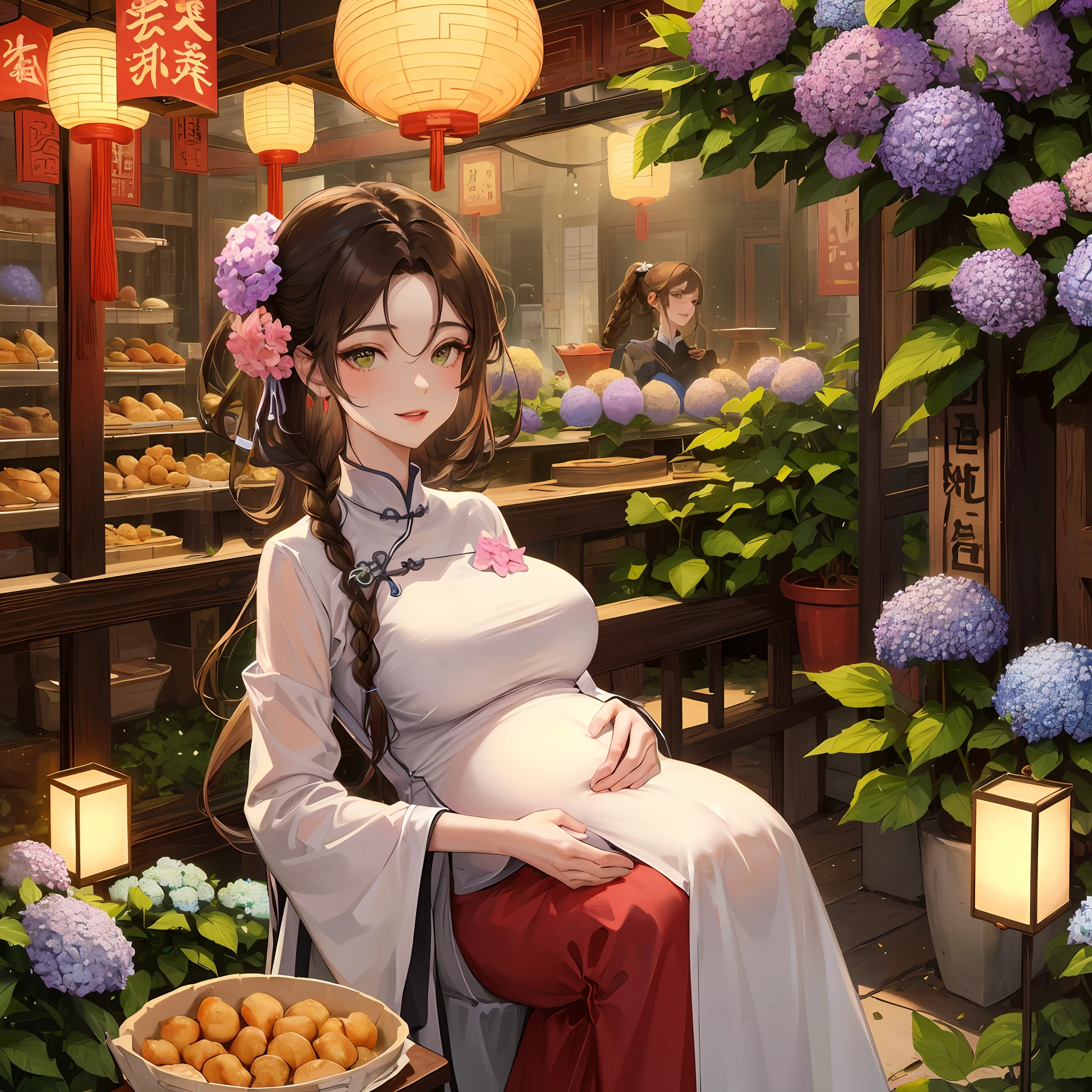 Masterpiece, Best quality, Night, full moon, 1 girl, Mature woman, Chinese style, Ancient China, sister, Pregnant woman smiling, Brown hair, Princess cut, Single strips of fried dough twisted braid, Coiled hair, Double ball head, Light pink lips, calm, Intellectual, mid hair, green pupills, Hairpin, hydrangea,