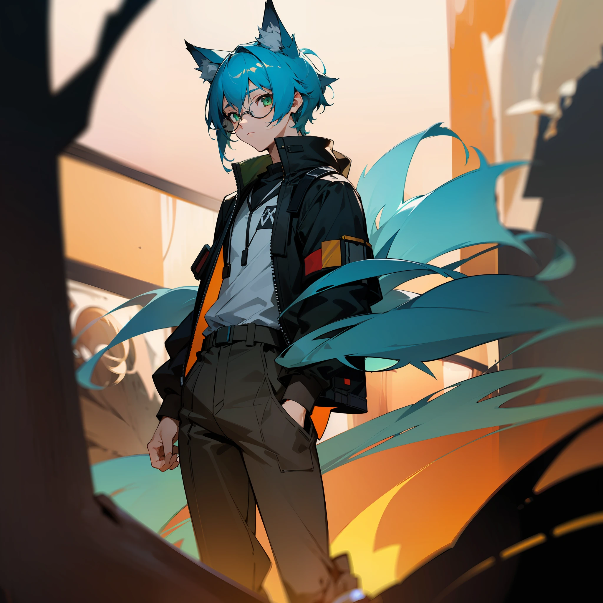 (Solo:0.892), (The background is blurred out:0.771), (depth of fields：0.766），（looking at viewert：0.621），fully body photo，Male Youth，eye glass，Wolf ears，blue hairs，Green eyes，From Arknights,Anime art wallpaper