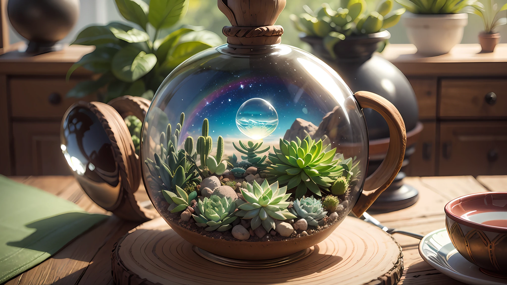 succulents, decoration, [sphere glass], in hand of beautifull girl, scene of milky way --auto --s2