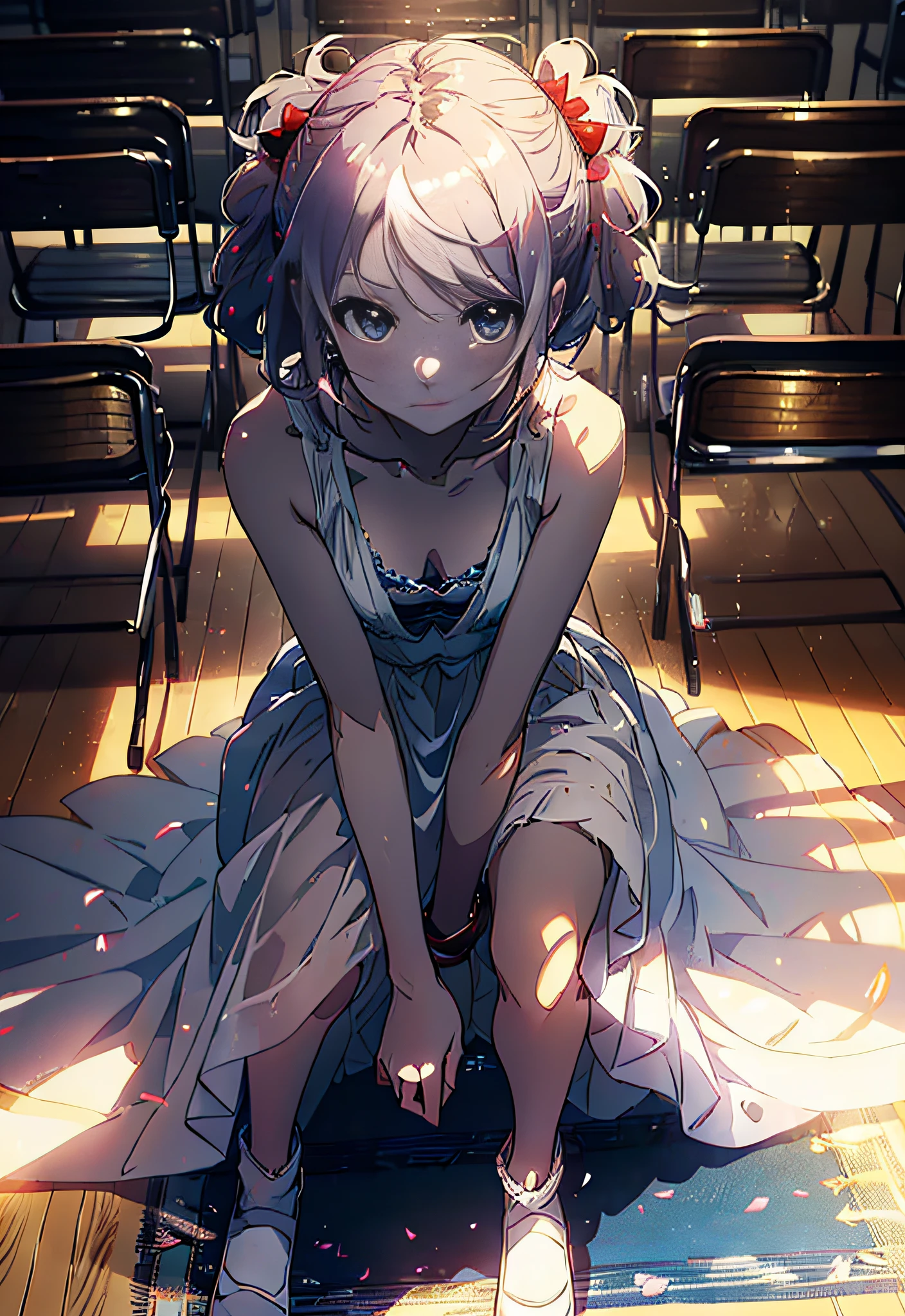 ((unity 8k wallpaper ,Top quality, masterpiece, super detailed, high resolution, very delicate and beautiful, anime style)),((character_ Puella Magi Madoka Magica,Kaname Madoka)),((seductive smile)),1girl,full body,looking at viewer,from above,classroom,sunlight,clear sky,14years old,small breasts,