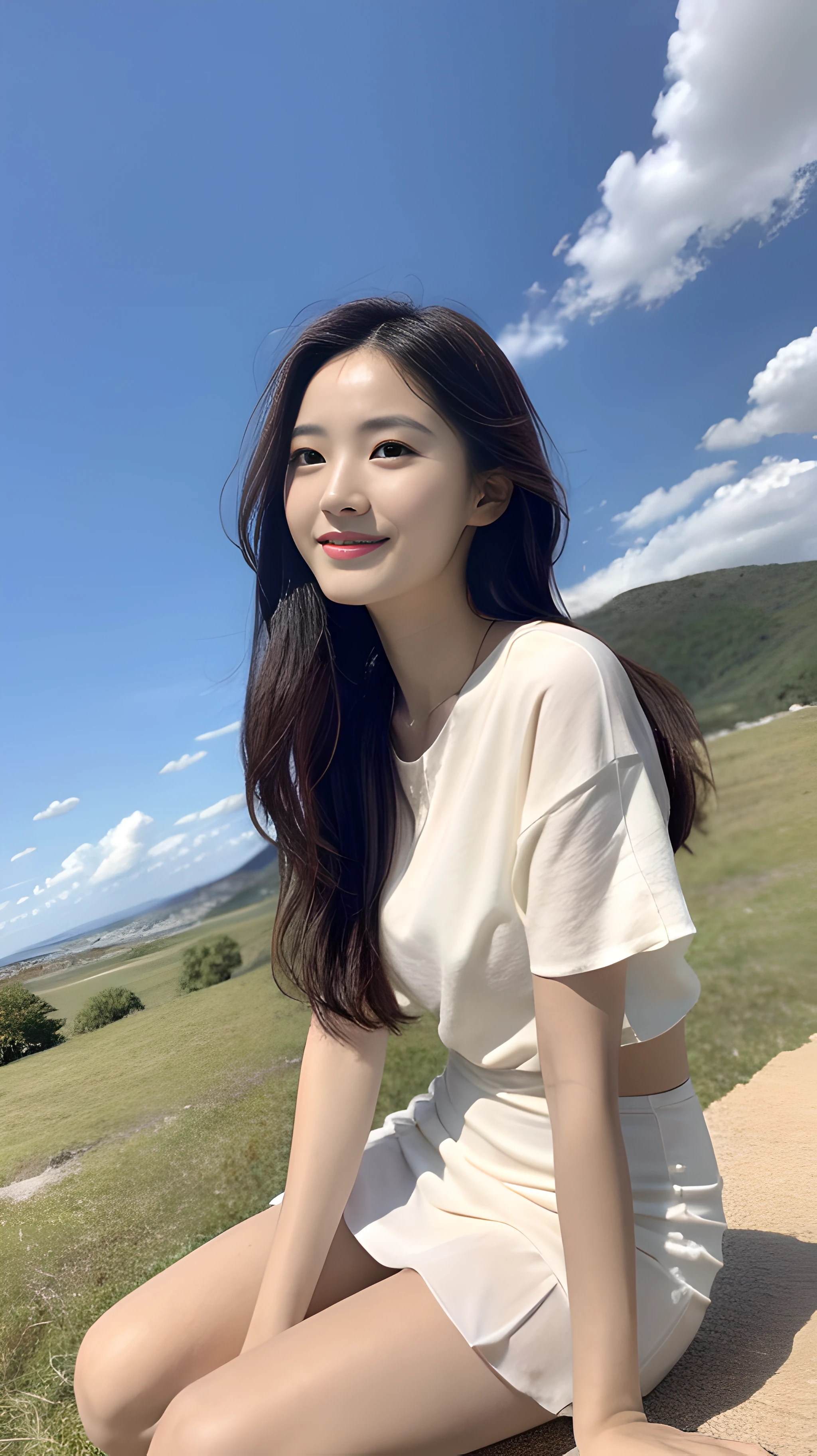 A nice and cute girl,Full body photo,Extremely beautiful and delicate,Black color hair,A sweet smile,Delicate and beautiful fair skin,Realistic and realistic,(exquisite and complete facial features,Detailed depiction of the face),tall nose bridge,Smooth hair,extremely detail hair,Feminine temperament,Fill your face light,Tall and tall,Thin,sandals,Realiy,Hyper-realism,full body shot shot,Forward tilt angle,Extreme picture quality,Highest precision,Precise and perfect human anatomy。with blue sky and white clouds,Sitting on the Steppe,(with blue sky and white clouds),rays of sunshine,cattle and sheep,(White chiffon skirt)Panties are clearly visible. telephoto shot,Express the landscape,Highlight portrait。