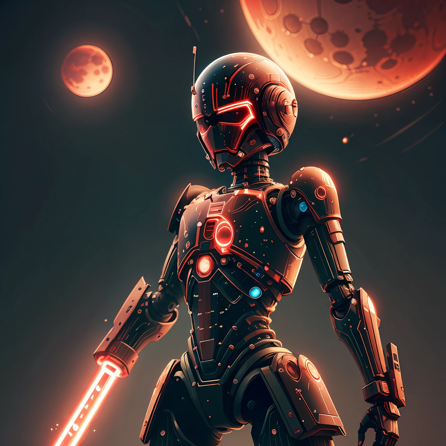 Humanoid robot with transparent body，holding a red lightsaber，The red moon hangs high，Shooting stars cut through the sky --auto